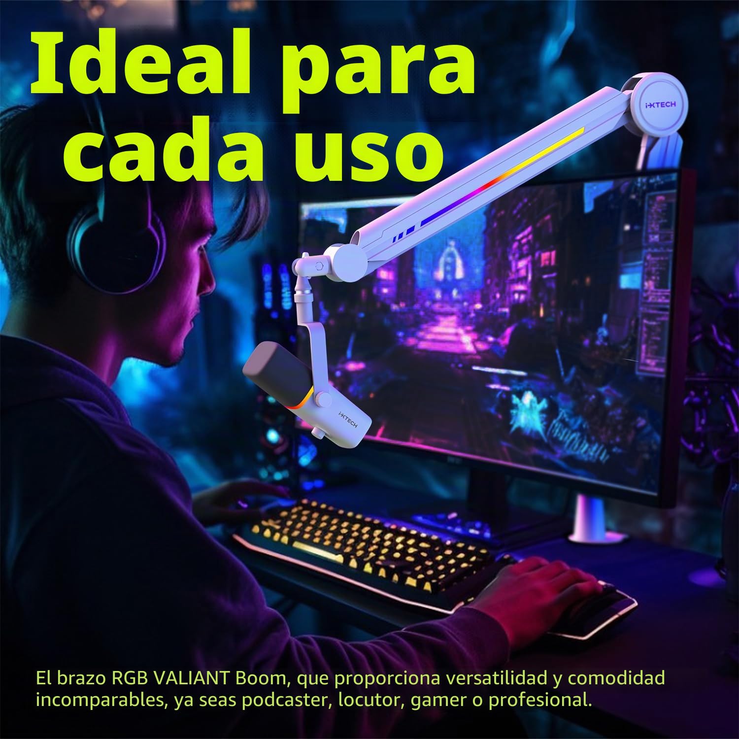 IXTECH Brazo de micrófono RGB de perfil alto, soporte de micrófono de brazo superior para escritorio, soporte de micrófono ajustable con soporte de escritorio, brazo de micrófono para transmisión en