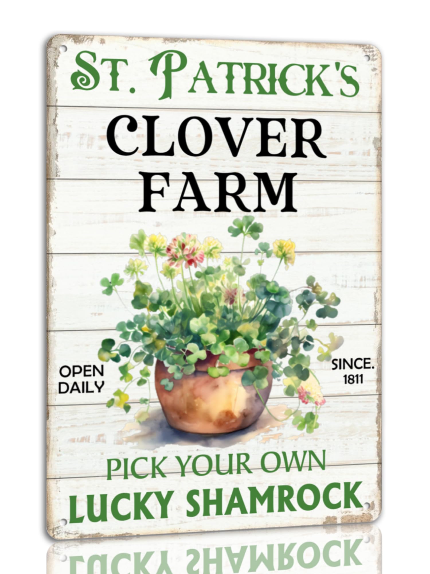 SMAZDFXX St Patrick's Day Tin Sign Clover Farm Metal Signs Irish Holiday Decor Green Shamrock Lucky Clover Wall Hanging Decorations For Home Kitchen Office 5.5"x8"