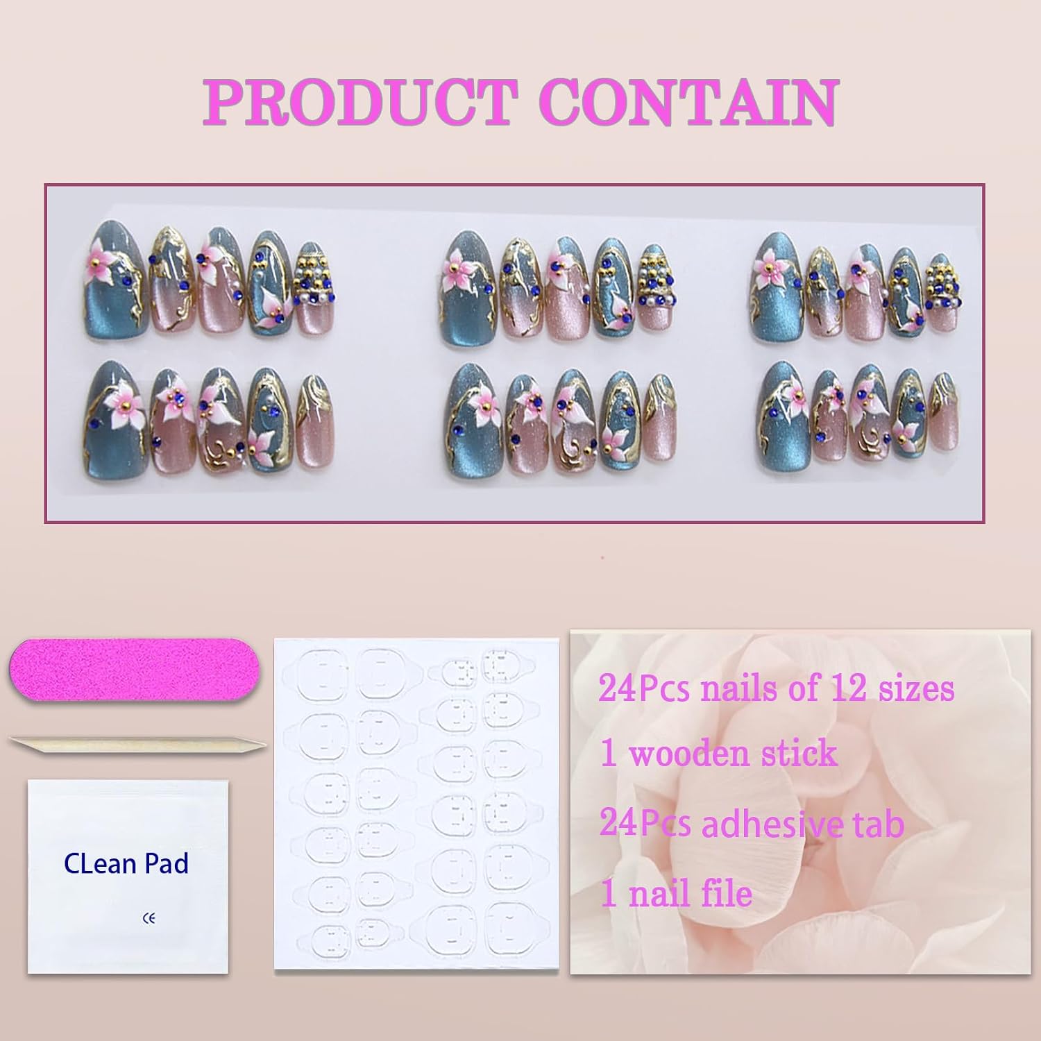 30PCS Blue Cat Eyes Press on Nails Almond Medium Flower Fake Nails with Gold Bead Designs Golden Curve Line Nails Press ons 3D Cute Acrylic Glue on Nails Reusable Stick on Nails for Women