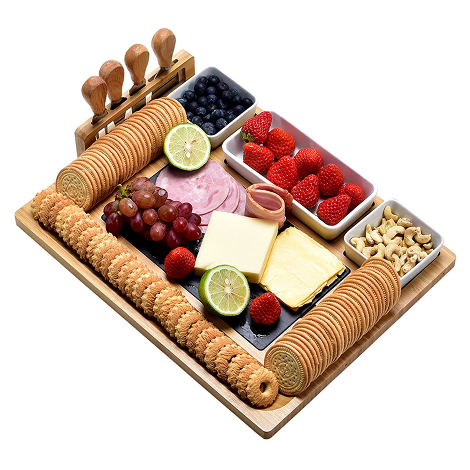 AIZYR Plateau De Fromages en Bois, Plateau De Charcuterie Et Plateau De Service avec Couverts, 3 Bols en Céramique pour Noël, Mariage, Cadeaux d'anniversaire