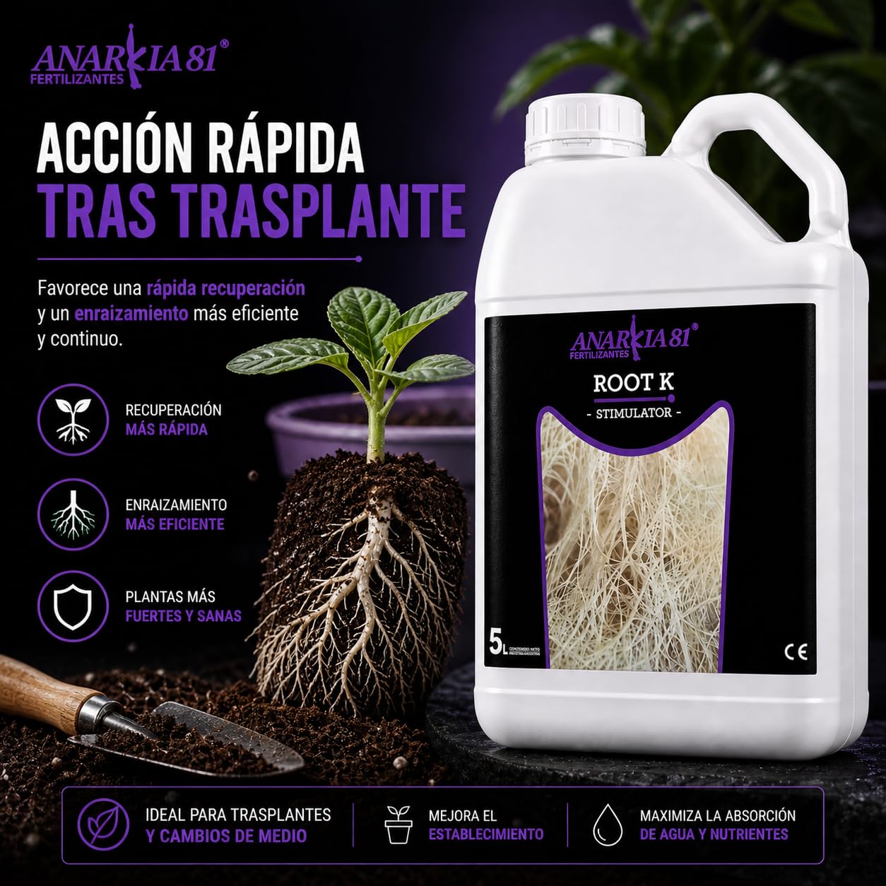 ROOT K 5 L – Estimulador de Raíces para Plantas Enraizador Líquido Acción Rápida Mejora Desarrollo Radicular y Absorción en Cultivo Interior y Exterior - Anarkia81