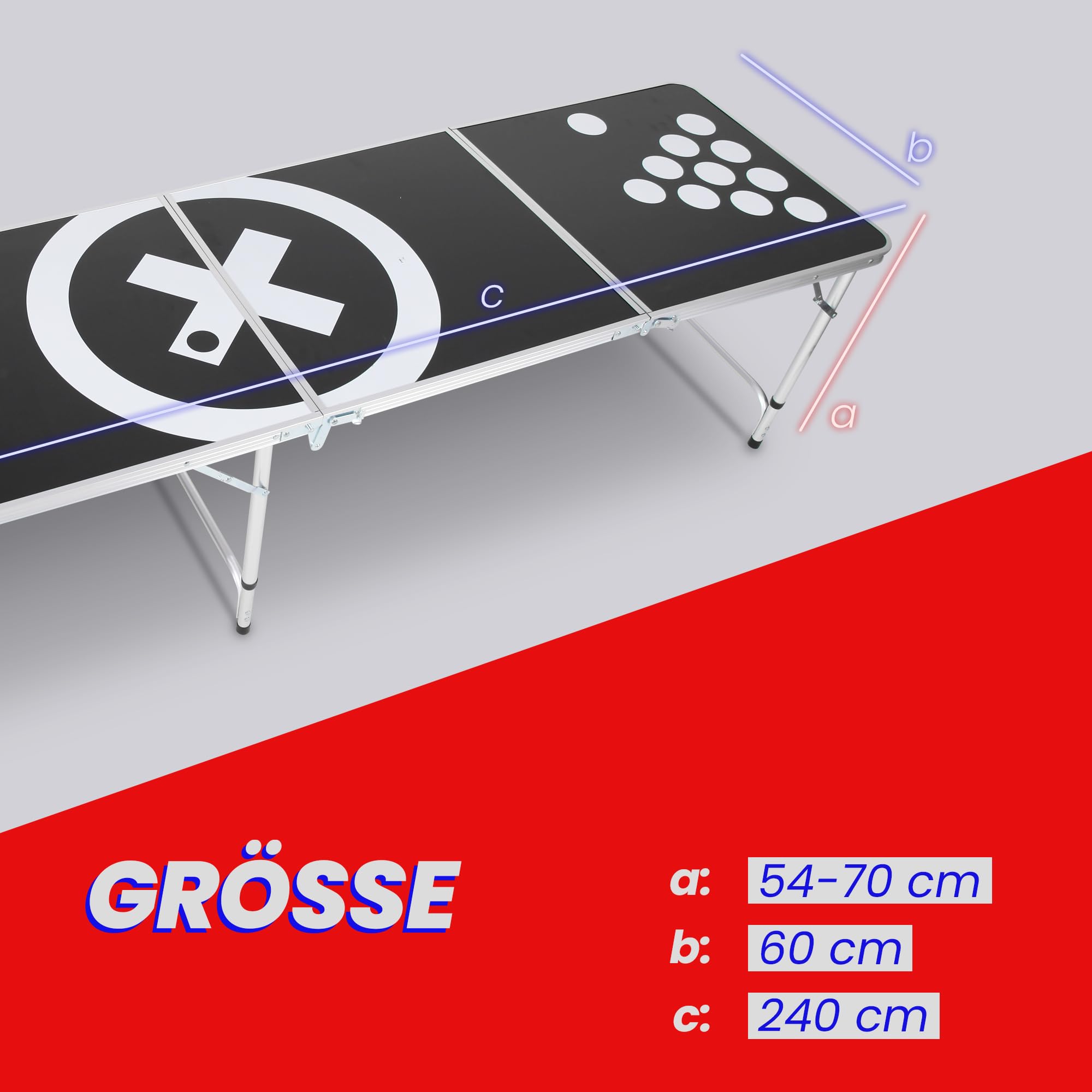 Bestlivings höhenverstellbarer Bierpong Tisch, 240x60x70cm aus Aluminium platzsparender Klapptisch, tragbares Partyspiel für Garten oder Festivals