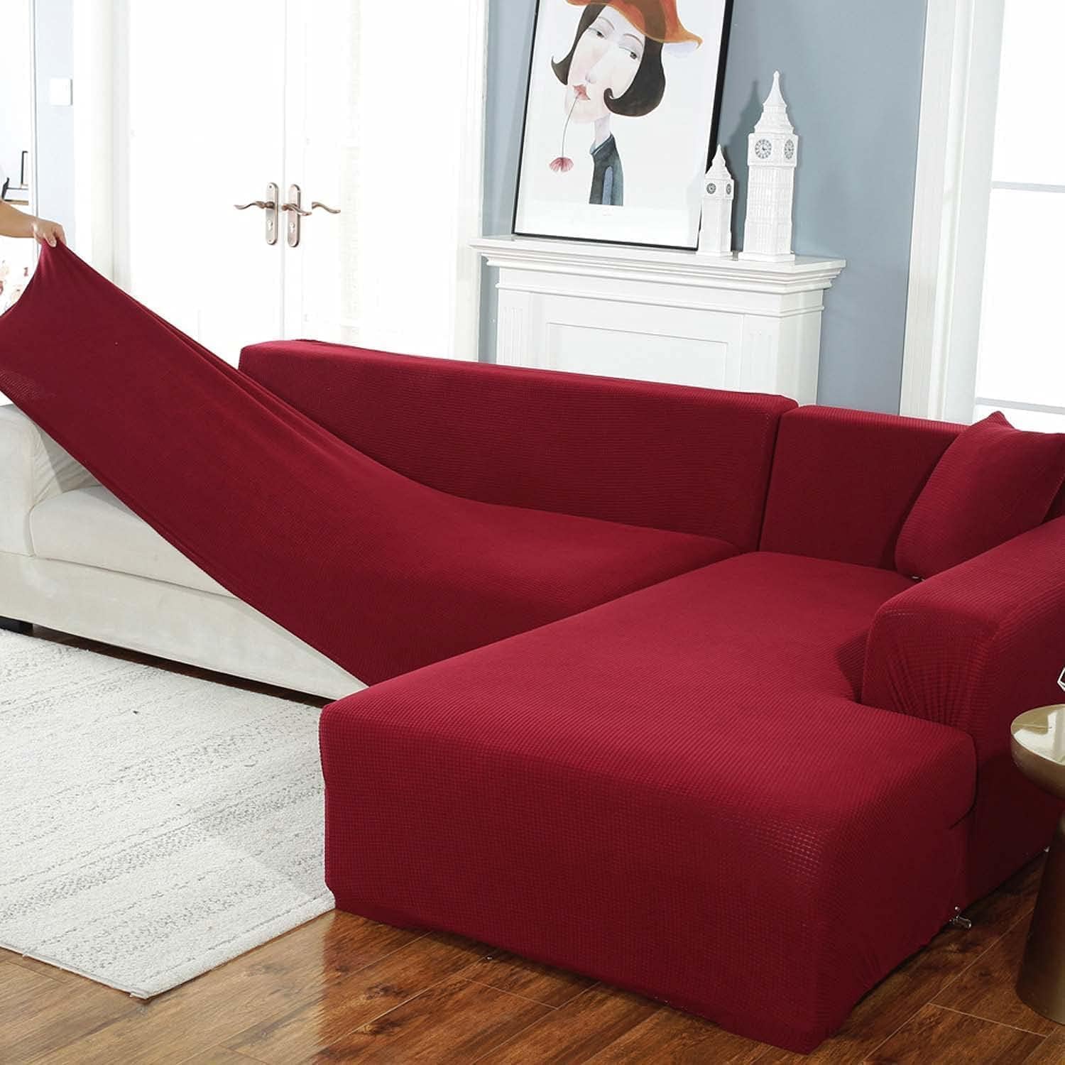 Stretch Sofa Cover for 1/2/3/4 Seater & L-Shape Couches - Solid Color Pet-Friendly Slipcover with Anti-Slip Elastic Bottom, Machine Washable Furniture Protector (Red, 1 Seater)