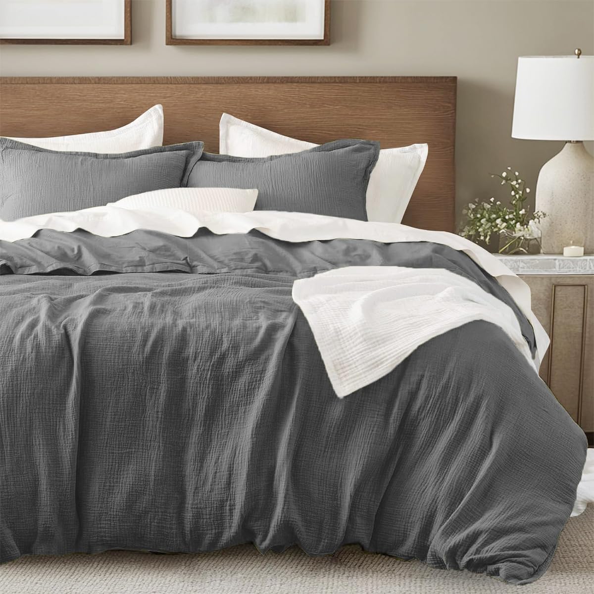 Lanqinglv Doppelte Musselin Bettwäsche 135x200 Baumwolle,Kuschelige Leinenoptik ÖKO-TEX Bettwäsche Dunkelgrau mit Reißverschluss und 1 Kissenbezug 80x80cm