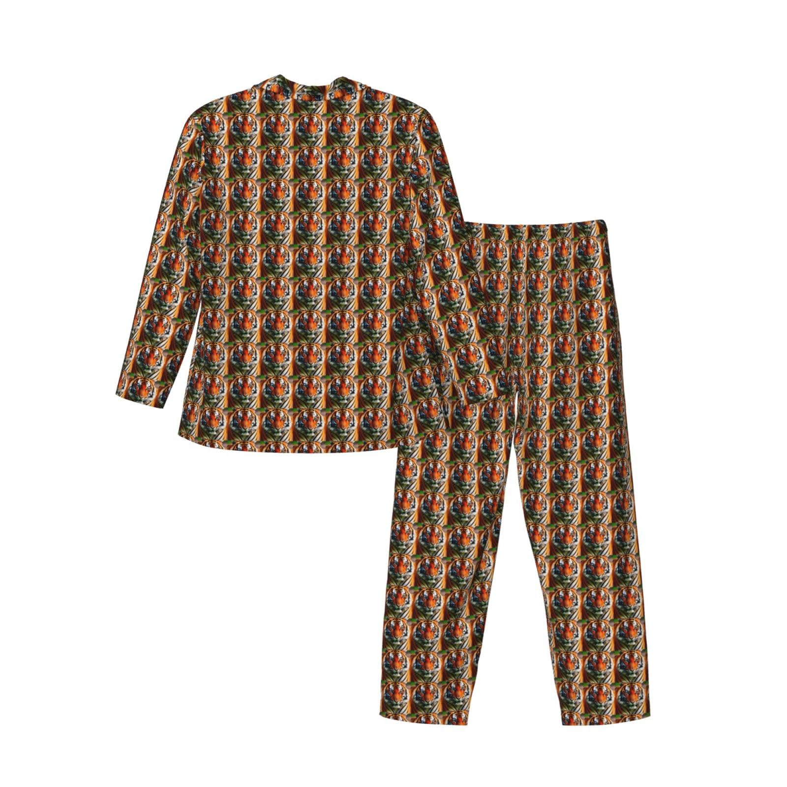 Tiger Stripes Arancione Modello Stampa Uomini Manica Lunga Pigiama Set Due Pezzi Lounge Traspirante Confortevole Nightwear