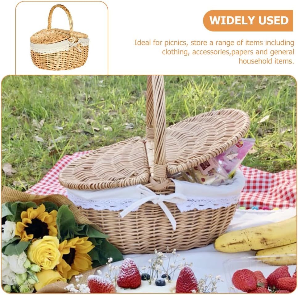 Yardwe Wicker Picnic Basket, 13.8" Picnic Basket with Lid and Handle, Large Woven Basket with Washable Lining