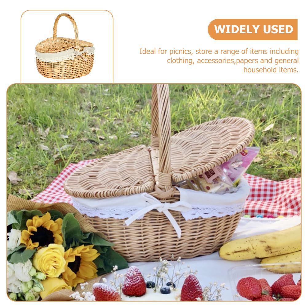 Garneck Picknickkorb mit Deckel Einkaufskorb Geflochten Pilz Obst Brot Rattan Weiden Mit Henkel Geflochtener Blumen für Outdoor Picknick 35CM