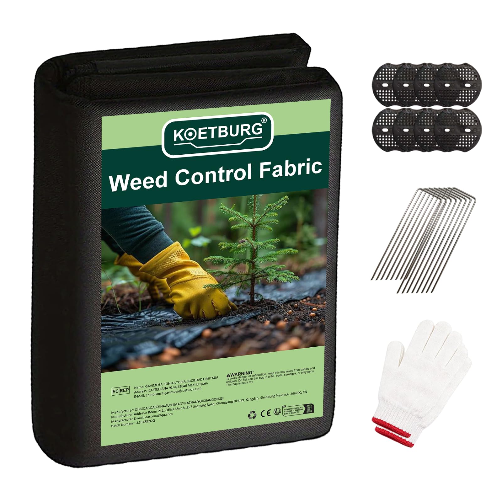 KOETBURG Unkrautvlies 100g/m² Extra Stark – 1m x 10m Unkrautfolie mit versiegelten Kanten – Wasserdurchlässiges Gartenvlies inkl. 8 Erdnägel mit Unterlegscheiben & Handschuhe – UV-Stabil & Reißfest