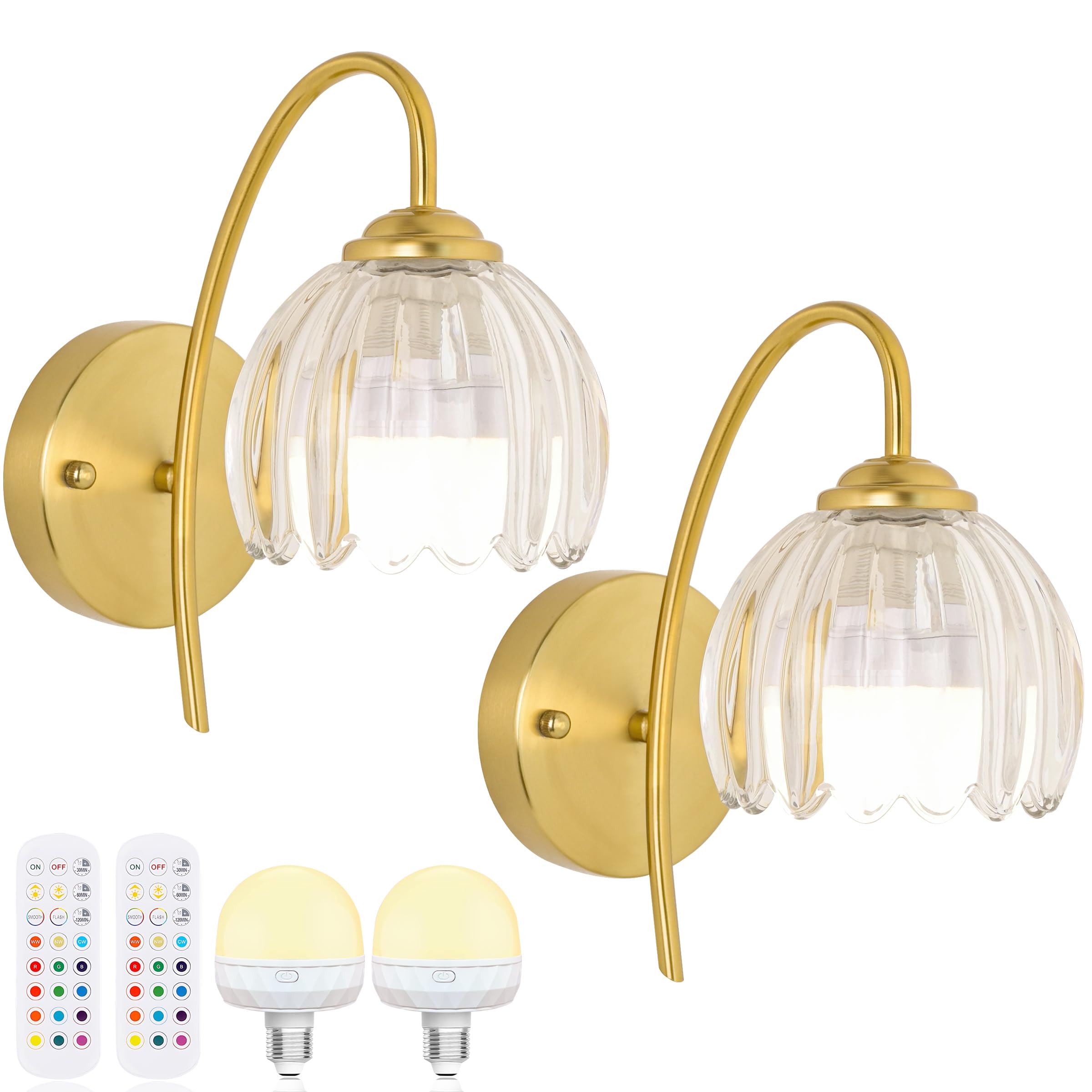 FFVU Vintage Battery Operated Wall Sconce – Flower Lampshade, 15 Colors, Dimmable, Timer & Remote Control, USB-C Rechargeable – 2-Light Set For Bedroom, Living Room, Hallway