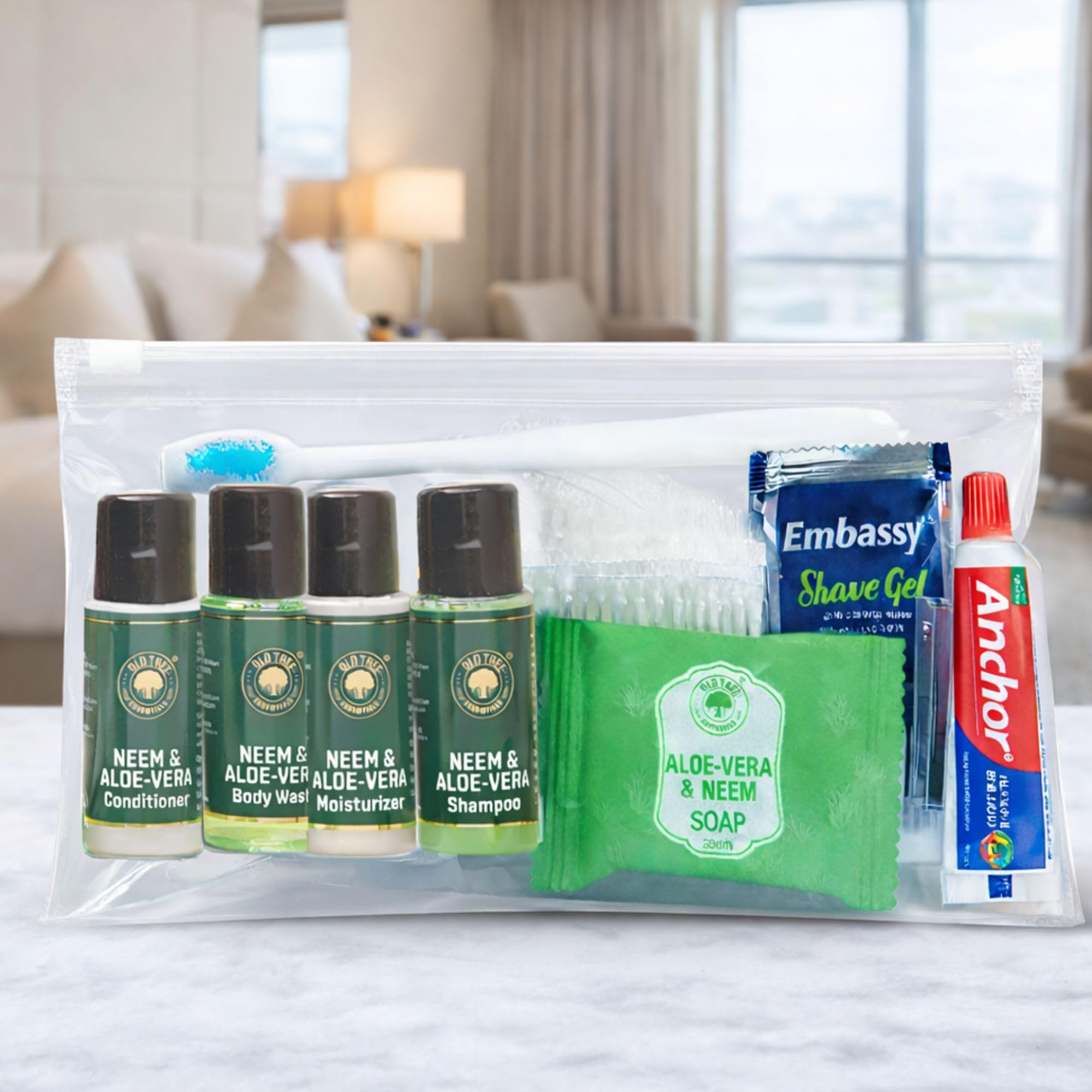 Old Tree Hotel Toiletries Pouches (Pack of 50) - Travel Size Hair, Tooth, Body Care Set for Hotel Amenity, Hospital, Gym, Spa, Marriage Hall & Guest House - Hotel Amenities Kit