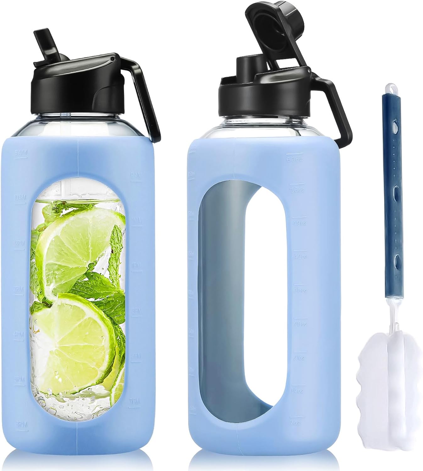 HYDRAGLAZIC 2L Glass Water Bottle With 2 Lids Flip And Chug Lids 2 Liter Large Water Jug With Time Marker And Silicone Sleeve Bpa Free Leak Proof For Sports Gym Blue B0d1qb9dj5