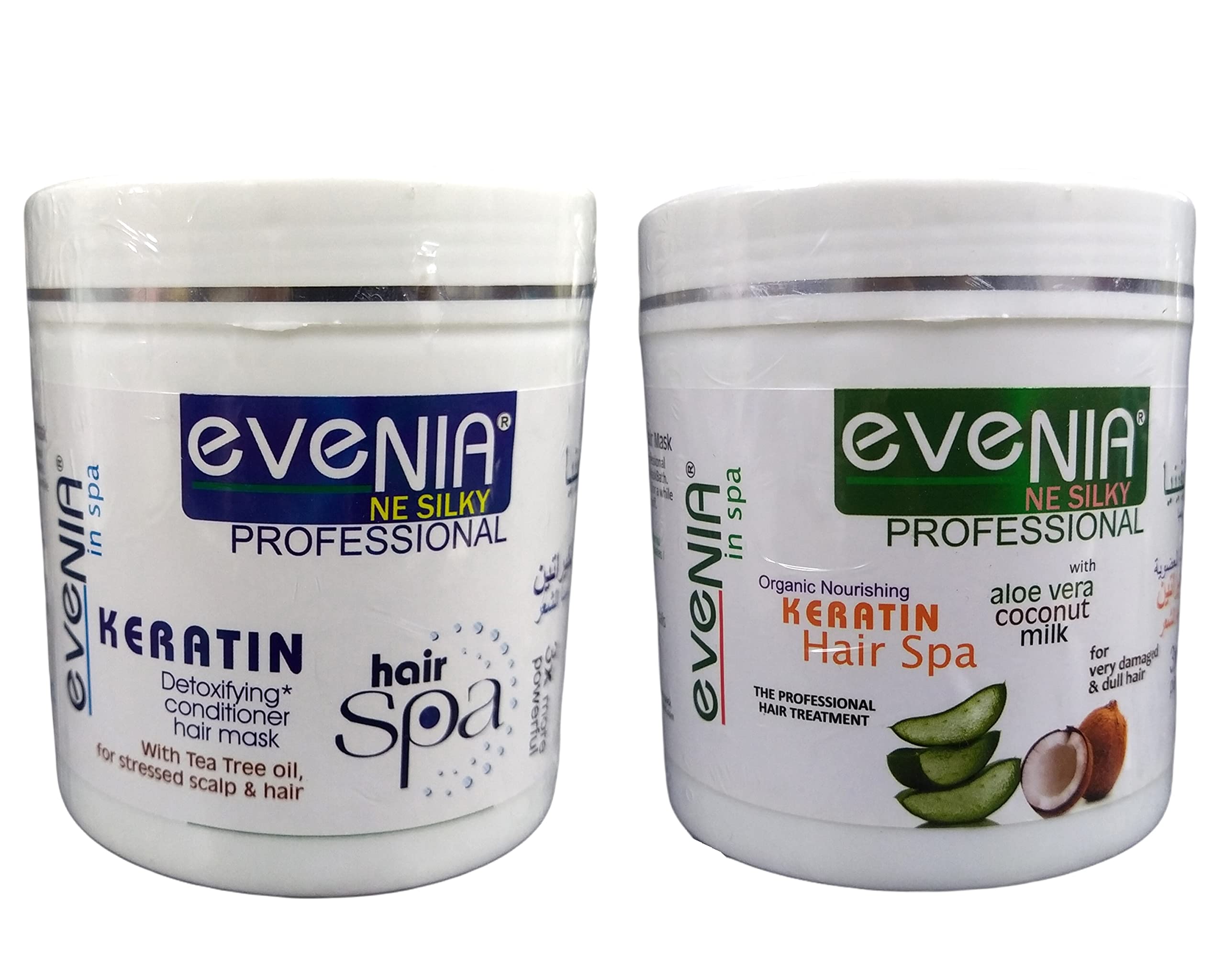 EVENIA NE SILKY 2pcs COMBO KERATIN DETOXIFYING CONDITIONER & ALOEVERA COCONUT MILK HAIR SPA/MASK FOR PROFESSIONAL BEAUTY PARLOUR SALOON OR HOME USE