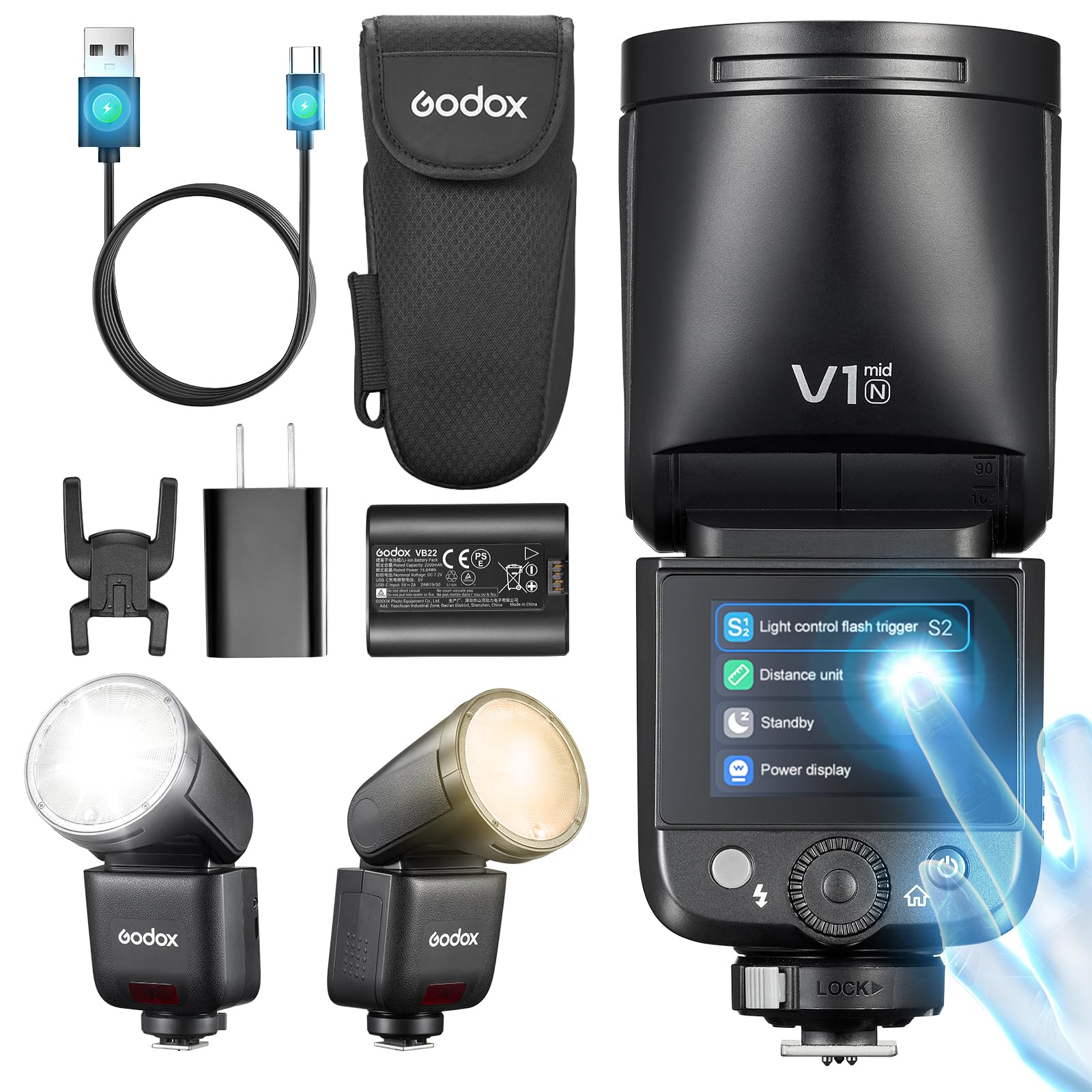 Godox V1 Mid N Flash para Nikon, 55W Cabeza Redonda con Pantalla Táctil, Óptica 24mm, 650+ Destellos a Plena Potencia, Reciclaje 1.7s, TTL/HSS 1/8000s, AK-R1 Magnético para Nikon Zf Z6II Z8 D850