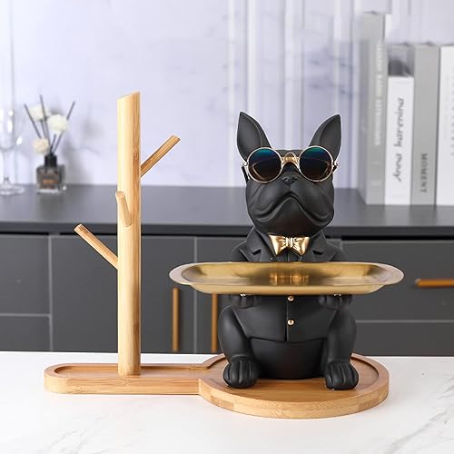 Miniatura 9 de Shinpuru Estatua de bulldog francés con organizador colgante de madera de 3 niveles, bandeja de escultura de bulldog de resina alcancía