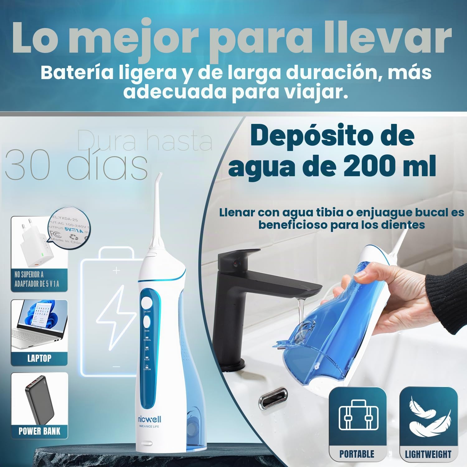 Inalámbrico de agua para dientes Nicwell 4 modos Irrigador oral dental, portátil y recargable IPX7 resistente al agua, batería potente, limpiador de dientes para viajes en casa (blanco)