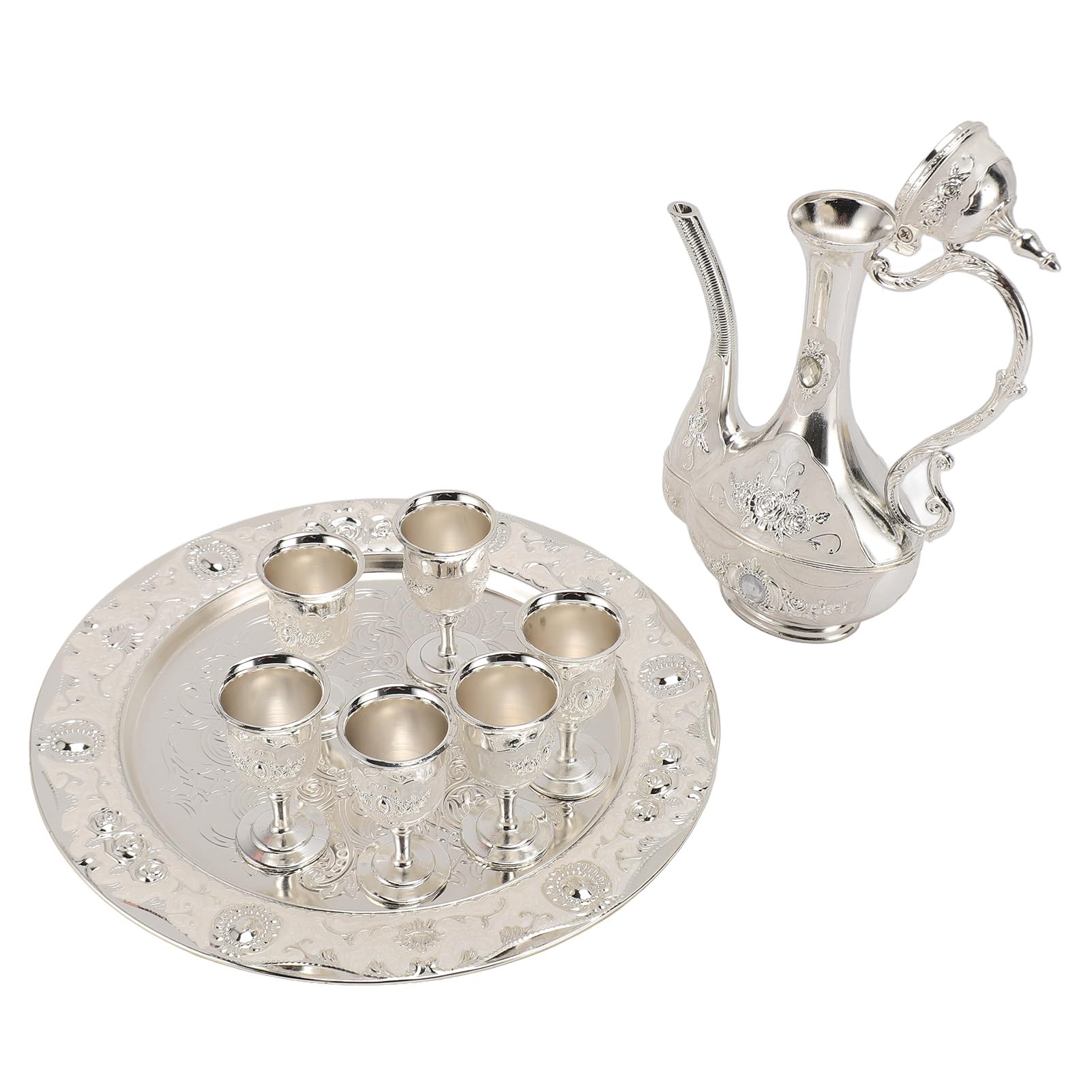 Juego De Tetera Vintage, Juego De Cafetera Vintage Juego De Té Vintage Con 6 Tazas De Café Y Bandeja De Té Juego De Té De Aleación De Zinc Rosa Roja Chapado En Oro Para Fiesta En Casa(Plata)