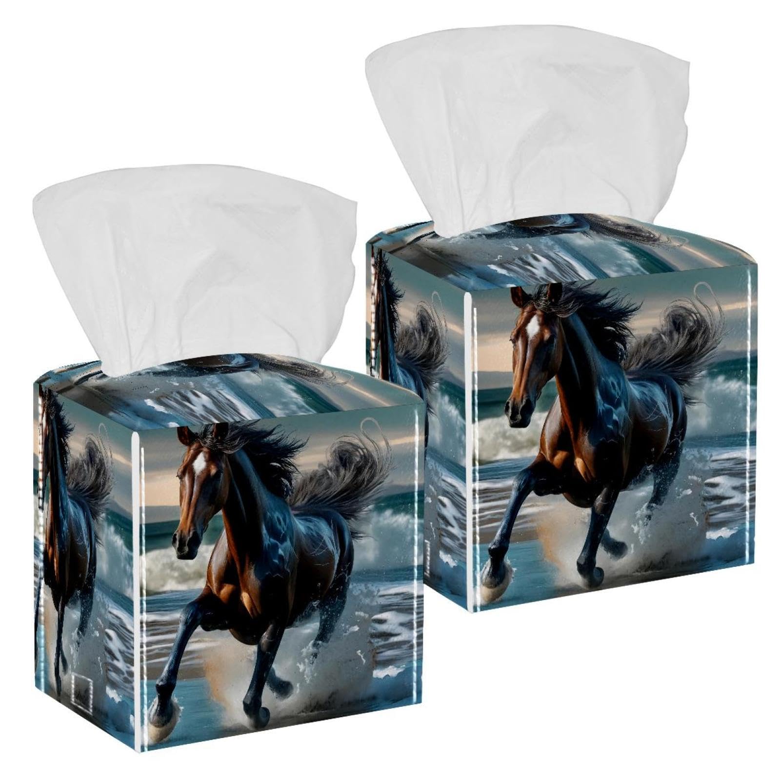 Running Horse Tissue Box Cover, 2 Pack PU Leather Square Facial Tissue Dispenser Box holder for Home Office Car