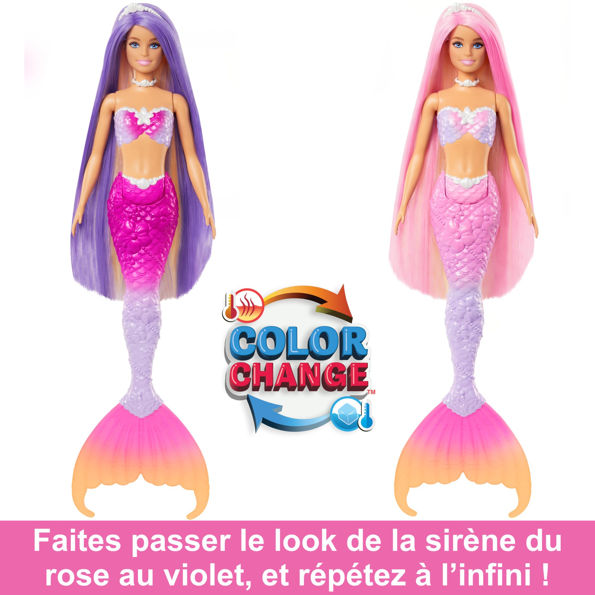 Barbie Poupée Sirène « Malibu » Aux Cheveux Roses, Accessoires Coiffure, Animal De Compagnie Dauphin, Fonction Changement De Couleur, Jouet Enfant, A Partir De 3 Ans, HRP97