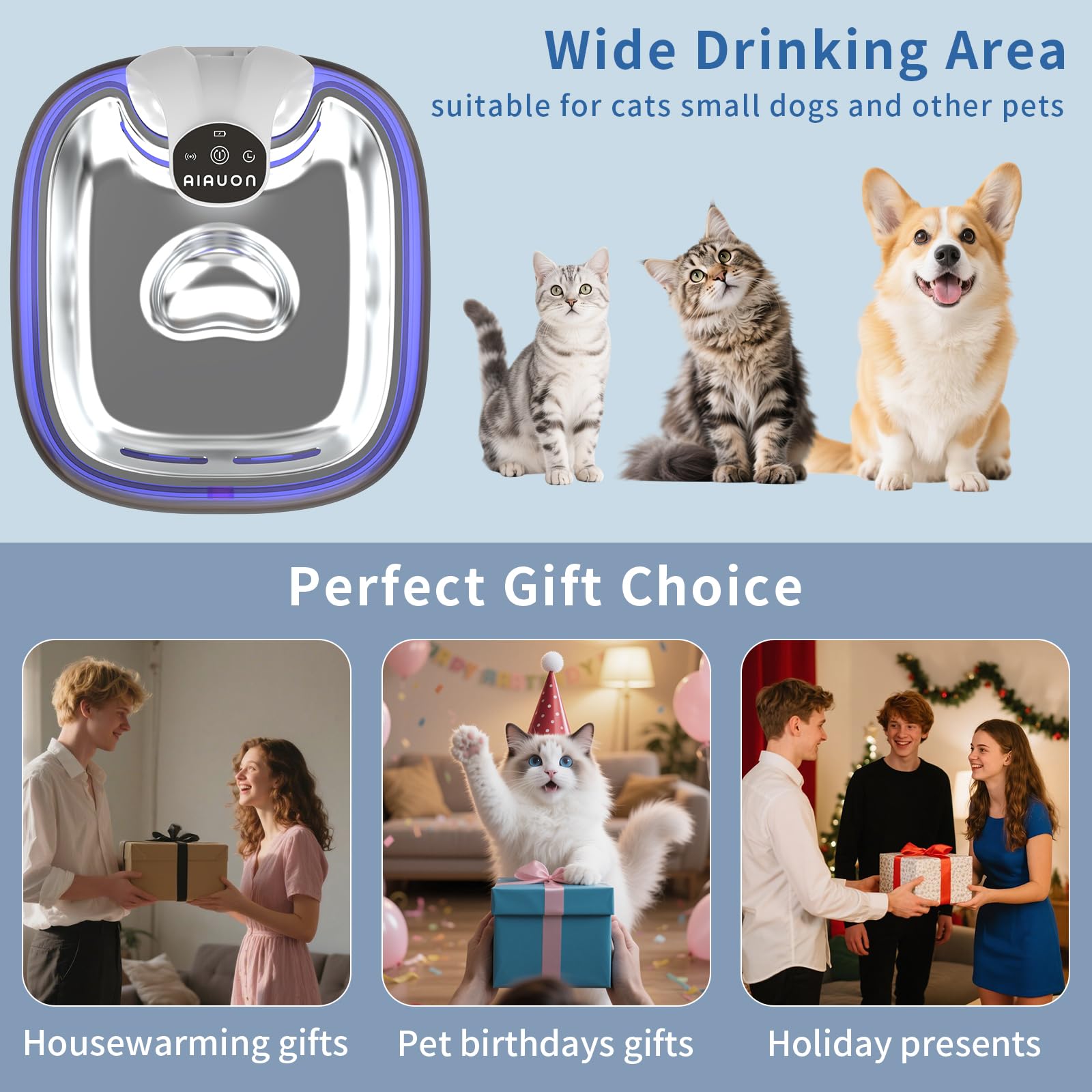 Cat Water Fountain Cordless 118oz/3.5L Wireless & Battery Operated Pet Water Fountain for Indoor Cats, Stainless Steel Tray with Sensor & Timer Modes, Ultra-Quiet, BPA-Free & Easy-to-Clean