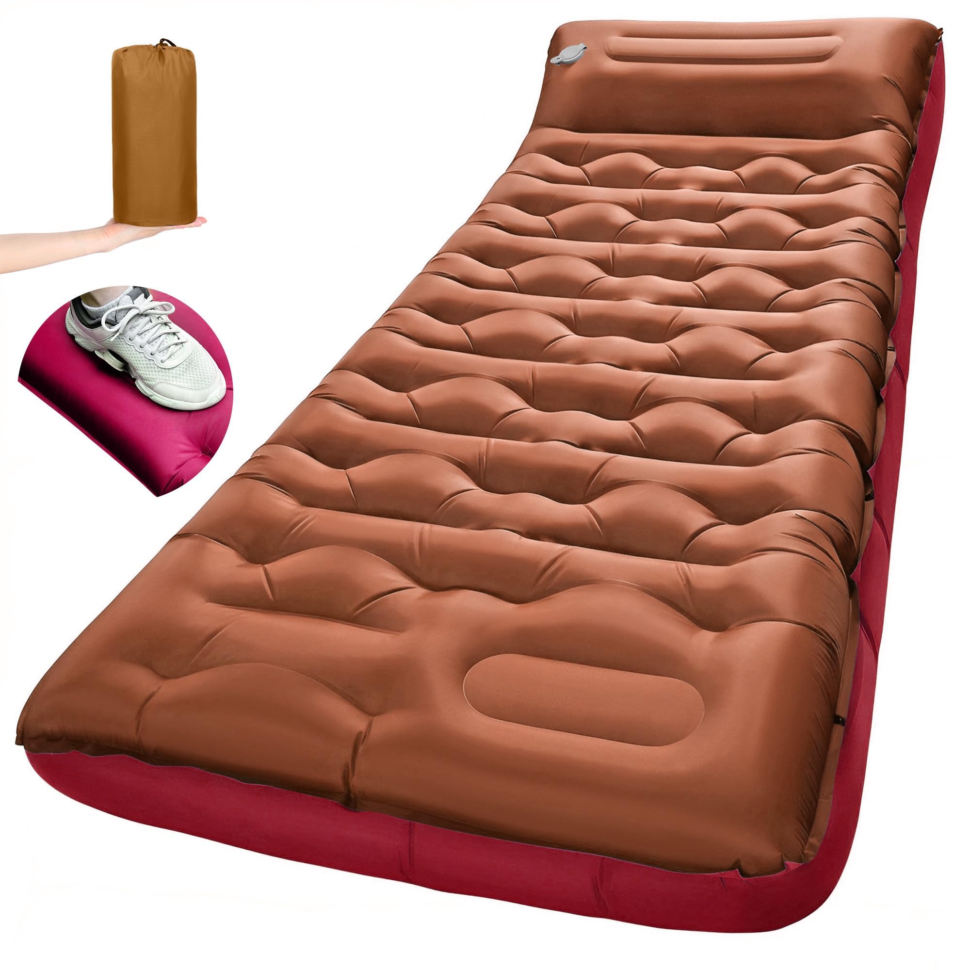 JasGood Isomatte Camping 15CM Ultraleicht Camping Luftmatratze mit Kissen und Fußpumpe Aufblasbare Matratze Kompakte Leichte Schlafmatte für Wandern Reisen Zelt Strand,Braun