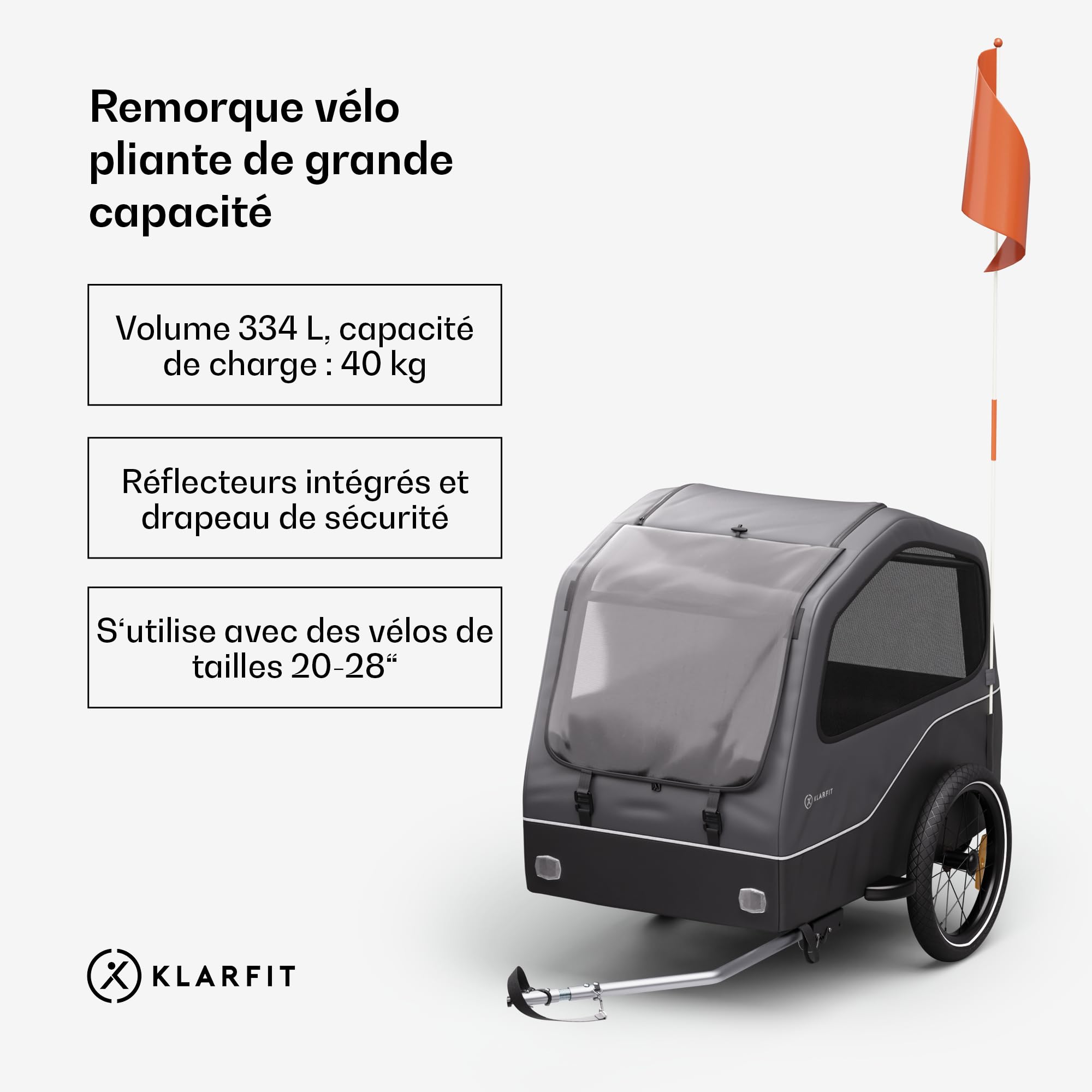 Klarfit Goldie Home remorque de vélo pour Chiens, Volume 334 L, imperméable, réflecteurs & Drapeau de sécurité, capacité de Charge 40 kg, Pliante, Roues de 16 Pouces, Noire