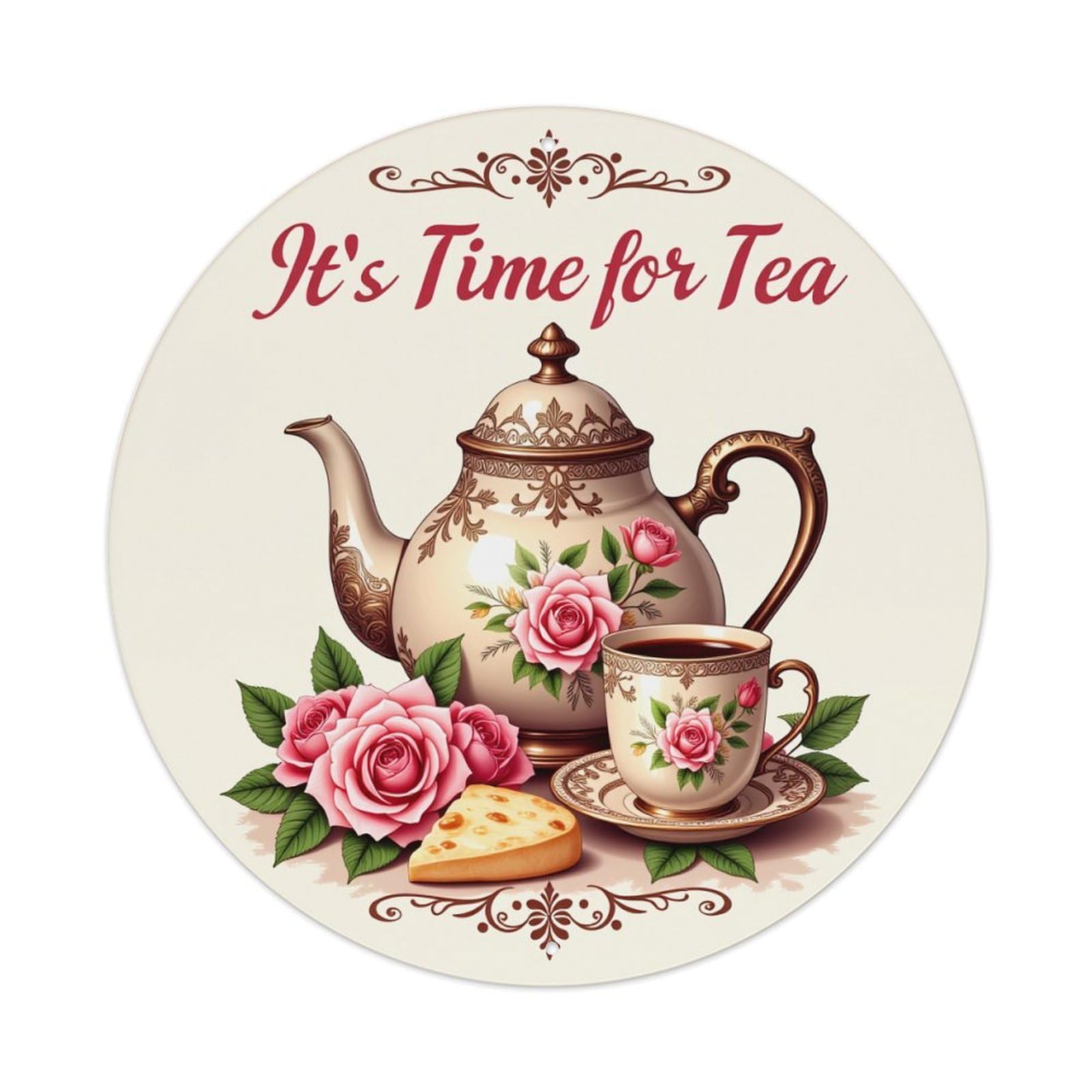 Floral Teapot Cup Roses Cake Round Tin Sign Vintage Metal Poster, Home Bar Garage Man Cave Cafe Indoor & Outdoor Wall Decoration 8x8Inches
