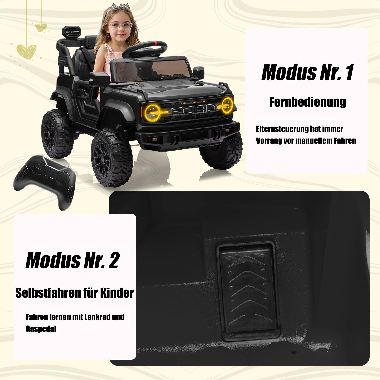 12V Kinder Elektroauto, Lizenziertes Ford Bronco Raptor Elektrofahrzeug, Auto mit Fernbedienung, 4-Rad-Federung, LED-Licht, Bluetooth, 3 Geschwindigkeiten (Schwarz)