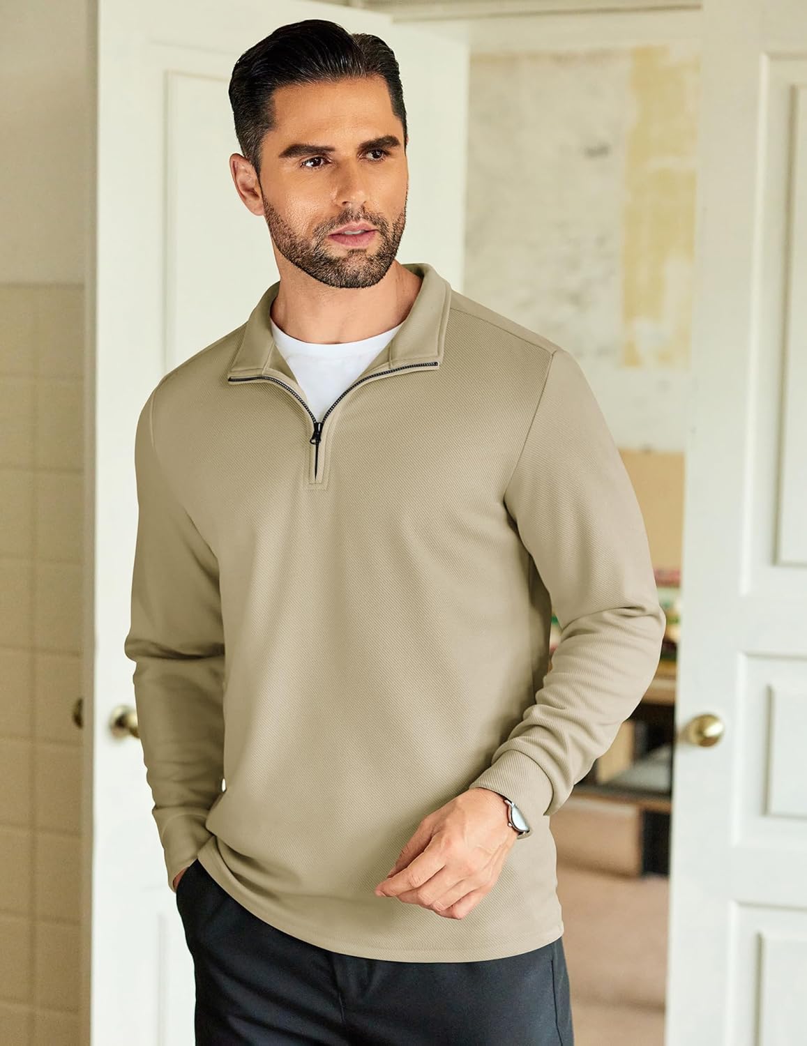 COOFANDY Men's Quarter Zip Up Pullover Lightweight Mock Neck Sweatshirt Casual Long Sleeve Polo Shirt - Image 4