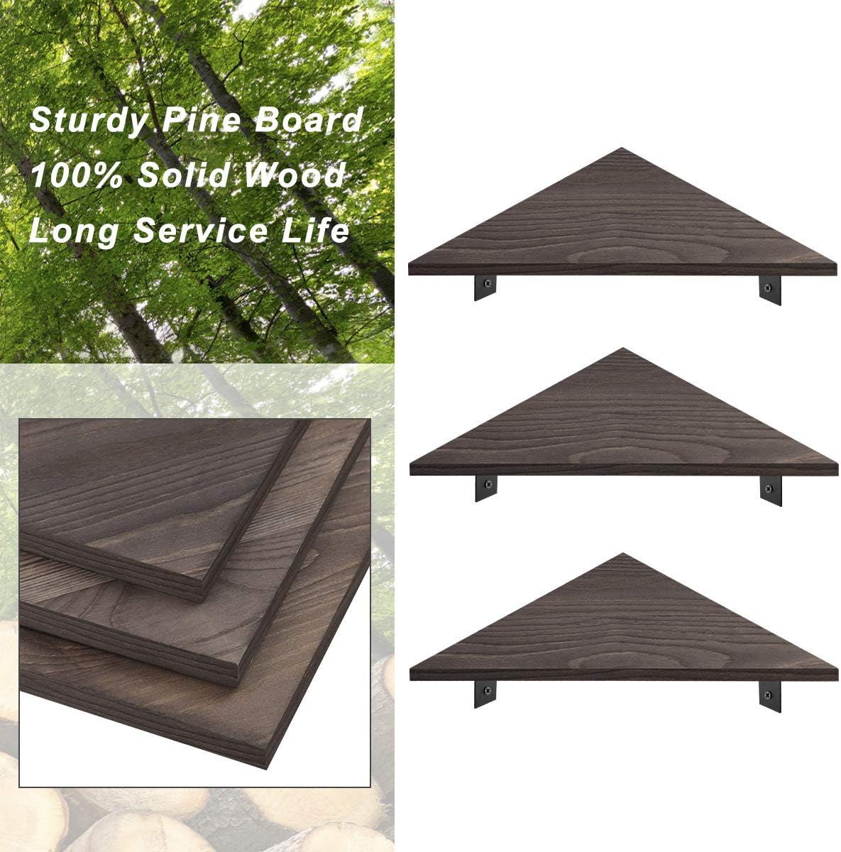 Tiaoyeer Corner Wall Shelves, Rustic Floating Shelves Wall Mounted with Brackets, Decor Storage Hanging Shelves Corner Space Usage for Kitchen Bathroom Living Room (Dark Brown)