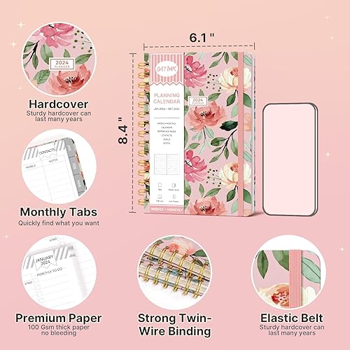 Miniatura 6 de GETINK Agenda 2024 diaria, semanal y mensual para mujeres, enero de 2024 a diciembre de 2024, agenda de tapa dura 2024, agenda con calendario 2024,