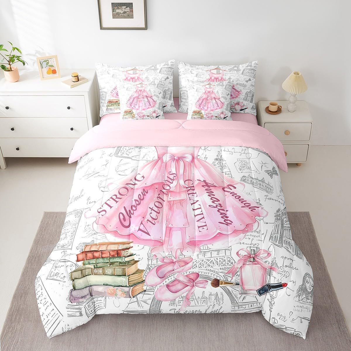 Dancing Dress Comforter Set 7Pcs,Ballet Shoes Lipstic Pink Bow Bed Set for Girls Kids Adults,Eiffel Tower Bedding Twin with 1 Comforter,1 Fitted Sheet,1 Flat Sheet,2 Pillowcases,2 Throw Pillow Cover