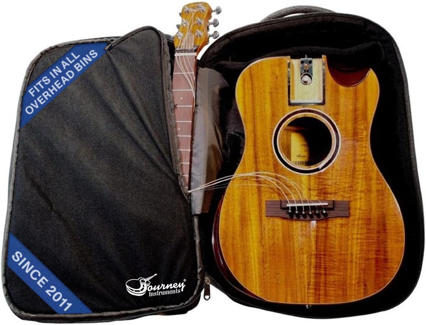 Journey Instruments Solid Acacia Koa Travel Guitar – OF882CN Traveling Acoustic-Electric Guitar with Collapsible Patented System – Portable Backpack Case (Overhead)