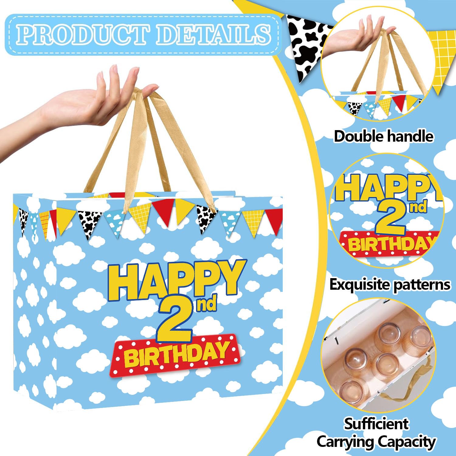 Cartoon Story 2nd Birthday Gift Bag with Tissue Paper and Greeting Card, Two Years Old Party Favor Bags Blue Sky White Clouds Cow Story 2nd Birthday Wrapping Paper Goodie Treat Bag for Kid Party Decor