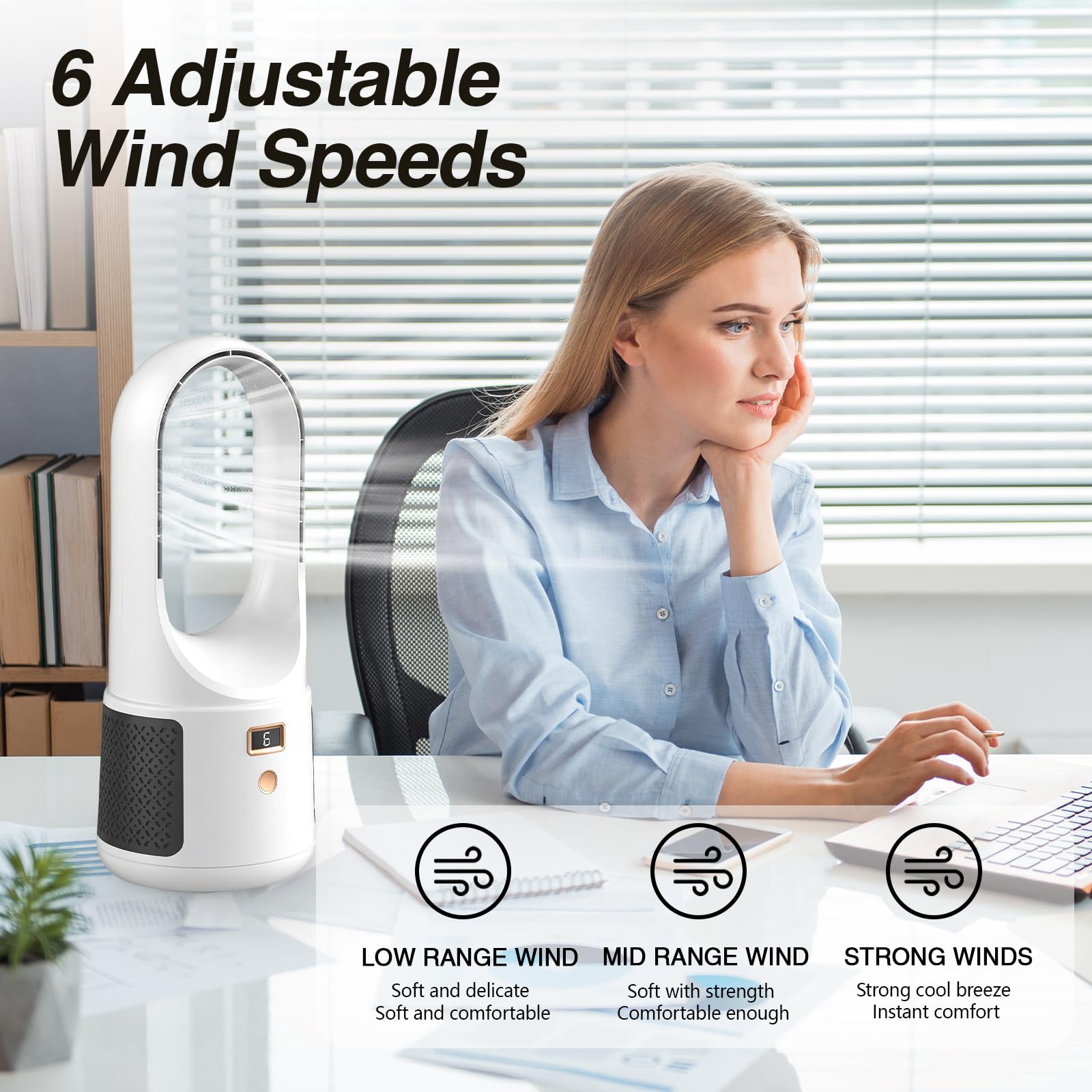 Ventilatore da tavolo senza pale - Ventilatore da scrivania silenzioso (bianco) | Display LED, 6 velocità, controllo touch, ventilatori senza pale per camera, ufficio, bambini e animali (bianco)