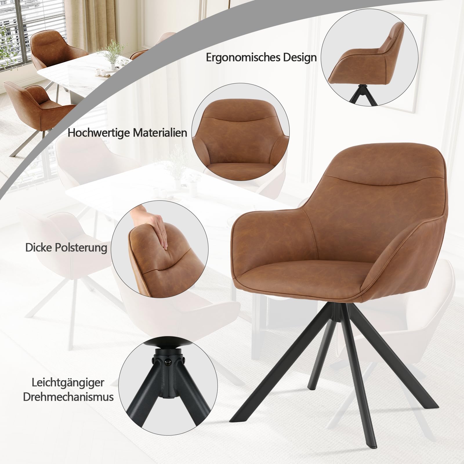Esszimmerstühle Drehbar 6er Set mit Armlehne, 360° drehbar, Polsterstuhl Kunstleder, Drehstuhl Esszimmer, Küchenstuhl mit Metallbeine für Esszimmer, Küche, Braun