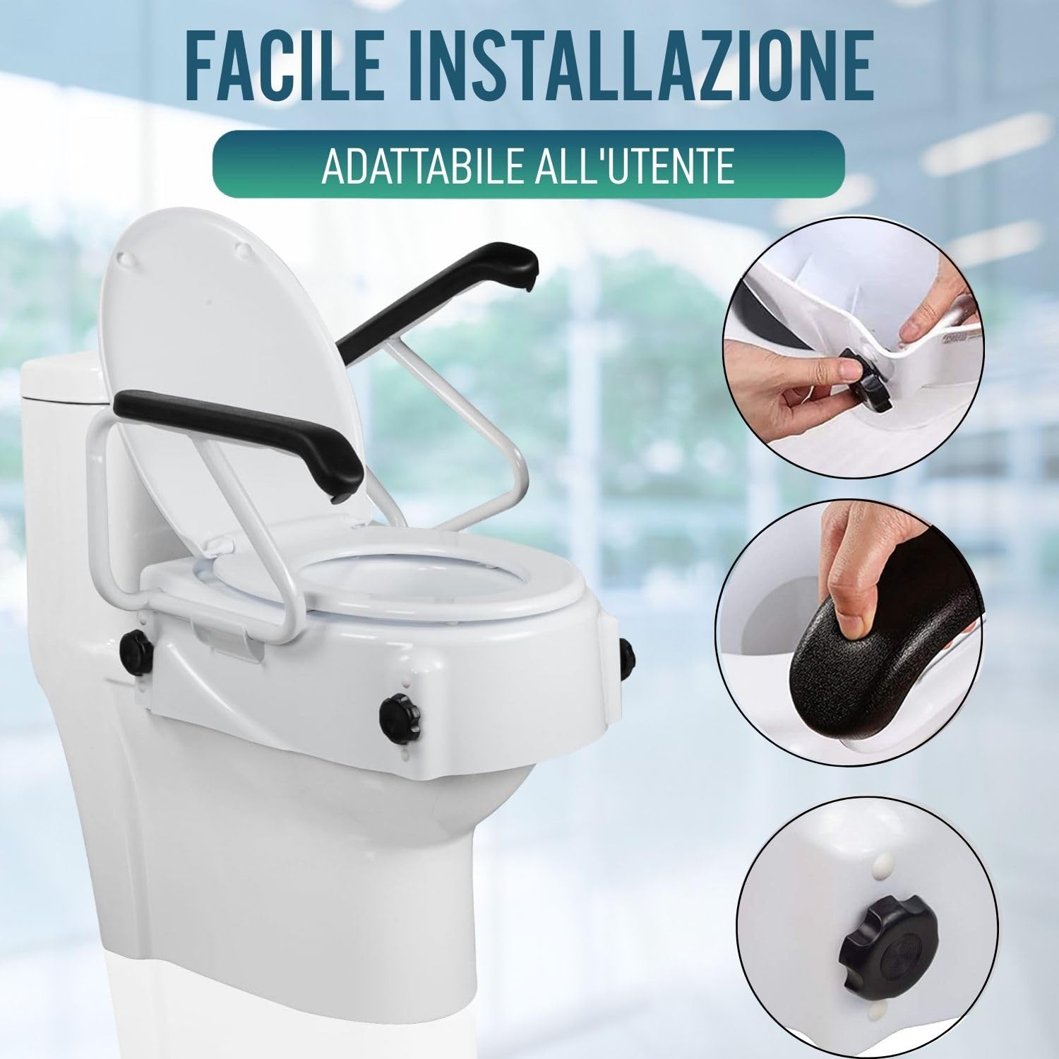OrtoPrime Rialzo WC Inclinabile con Braccioli Pieghevoli - Altezza Regolabile 5, 10 e 15 Centimetri - Alza WC con Coperchio - Alzatore del WC Portatile