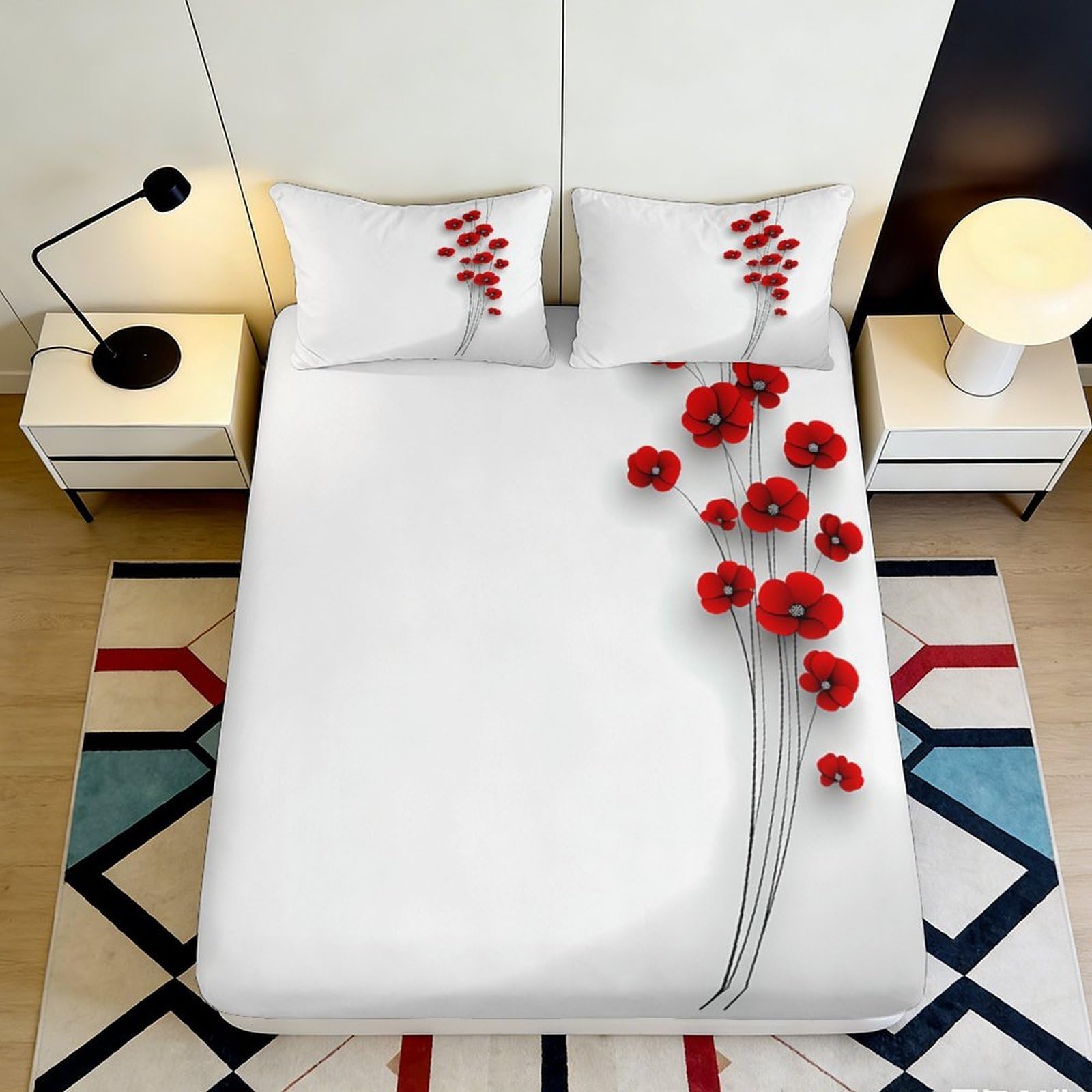 Dhbaneiok Style-3 3D Printed Red Poppy Blossom Fitted Sheet Microfiber White Minimalist Mattress Cover For Bedroom Guest Room Decor 90X200x25cm