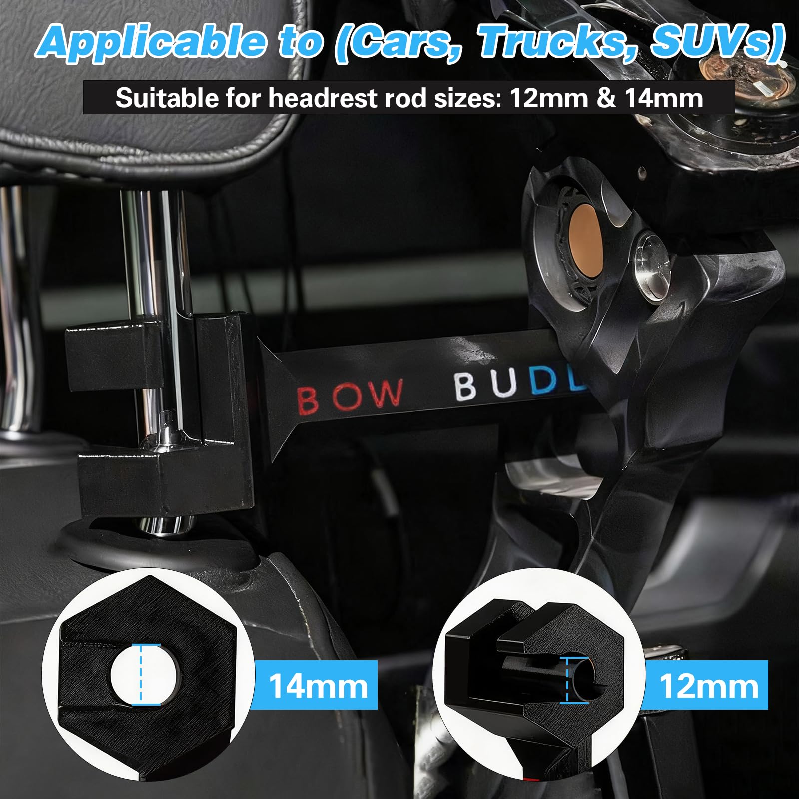 Bow Buddy Bow Hanger for Truck, Universal Car Headrest Compound Bow Holder Hook, Vehicle Storage Hanger with Sizing Sleeve, for Trucks, SUV, Hunters, Archers — view 2