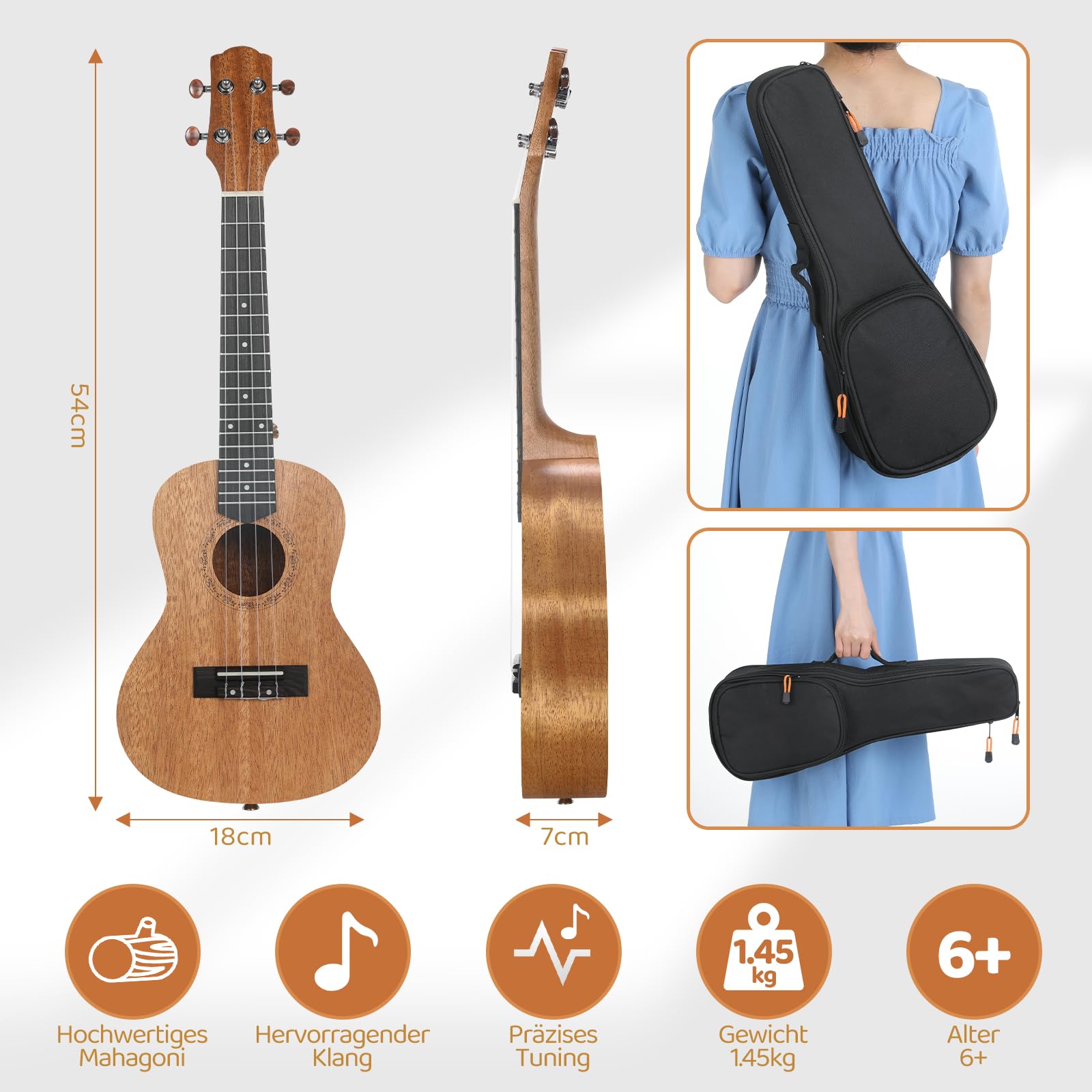 Ukulele Adulte Enfants,Ukulélé Guitare Adulte 21 Pouces,Ukulele Concert Guitare Acoustique,Ukulele Soprano en Bois d'acajou avec Cordes et Sac Transport,Guitare pour Enfants à Partir 6 ans, Marron