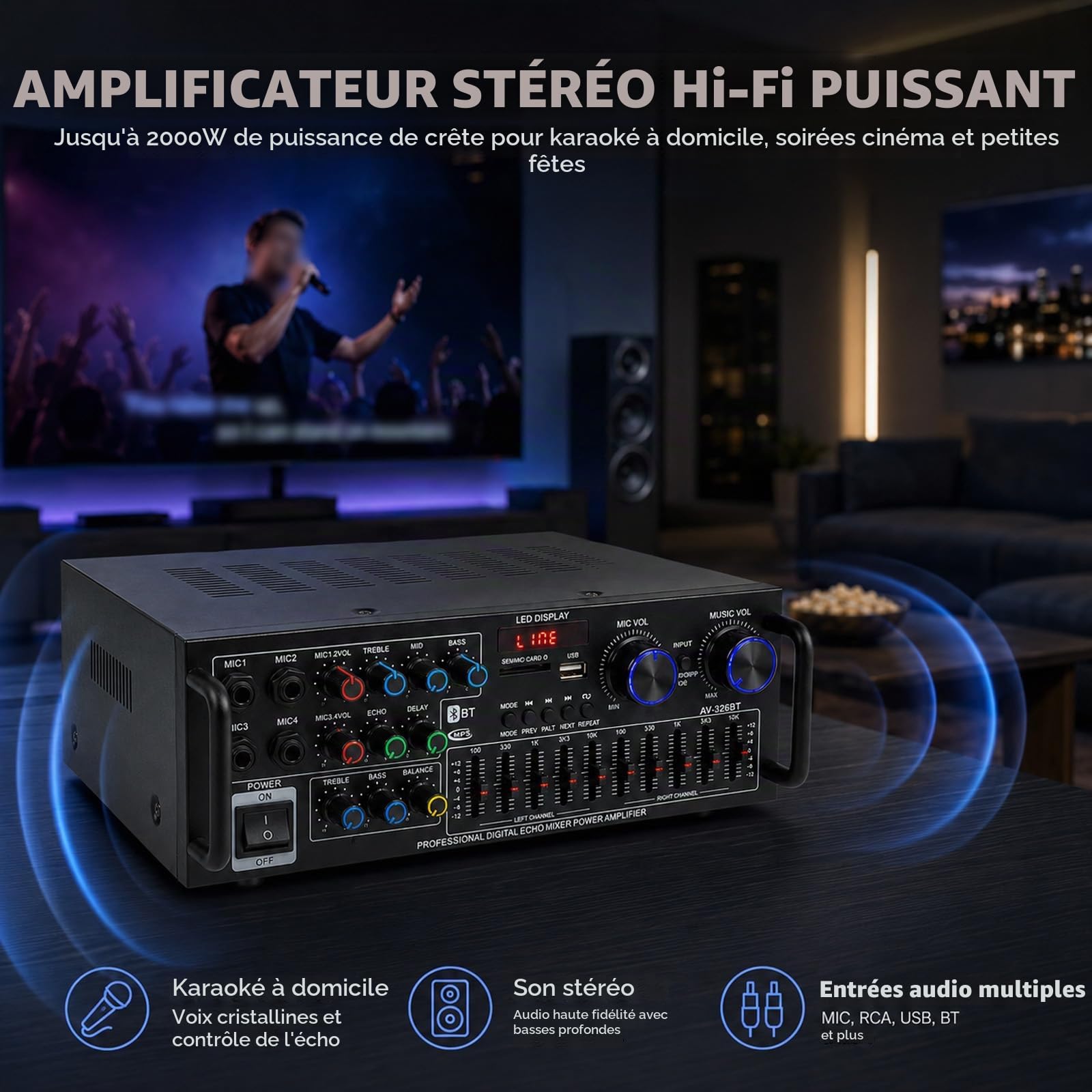 Amplificateur stéréo HiFi 2000 W, caisson de basses home cinéma avec récepteur audio Bluetooth 5.4, FM, USB, SD, AUX, karaoké, égaliseur 10 bandes, 4 entrées microphones, sortie ligne, 12 V CC pour
