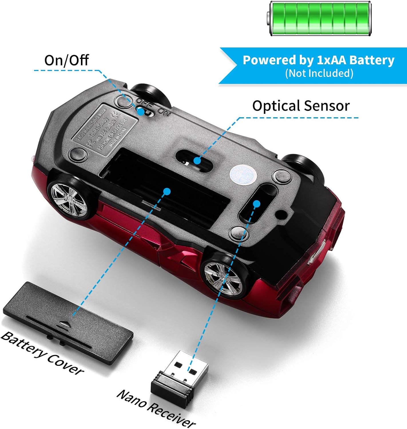 Sports Car Shaped Computer Mouse [Updated] with LED Headlights, 1600 DPI Optical Sensor 2.4 GHz Wireless Mouse for PC & Mac, Red image 5