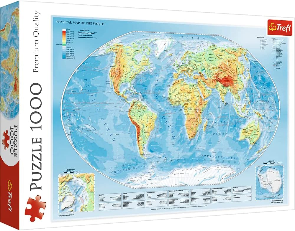 Trefl Physical map of The World 1000 Piece Jigsaw Puzzle Red 27"x19" Print, DIY Puzzle, Creative Fun, Classic Jigsaw for Adults and Children from 14 Years Old