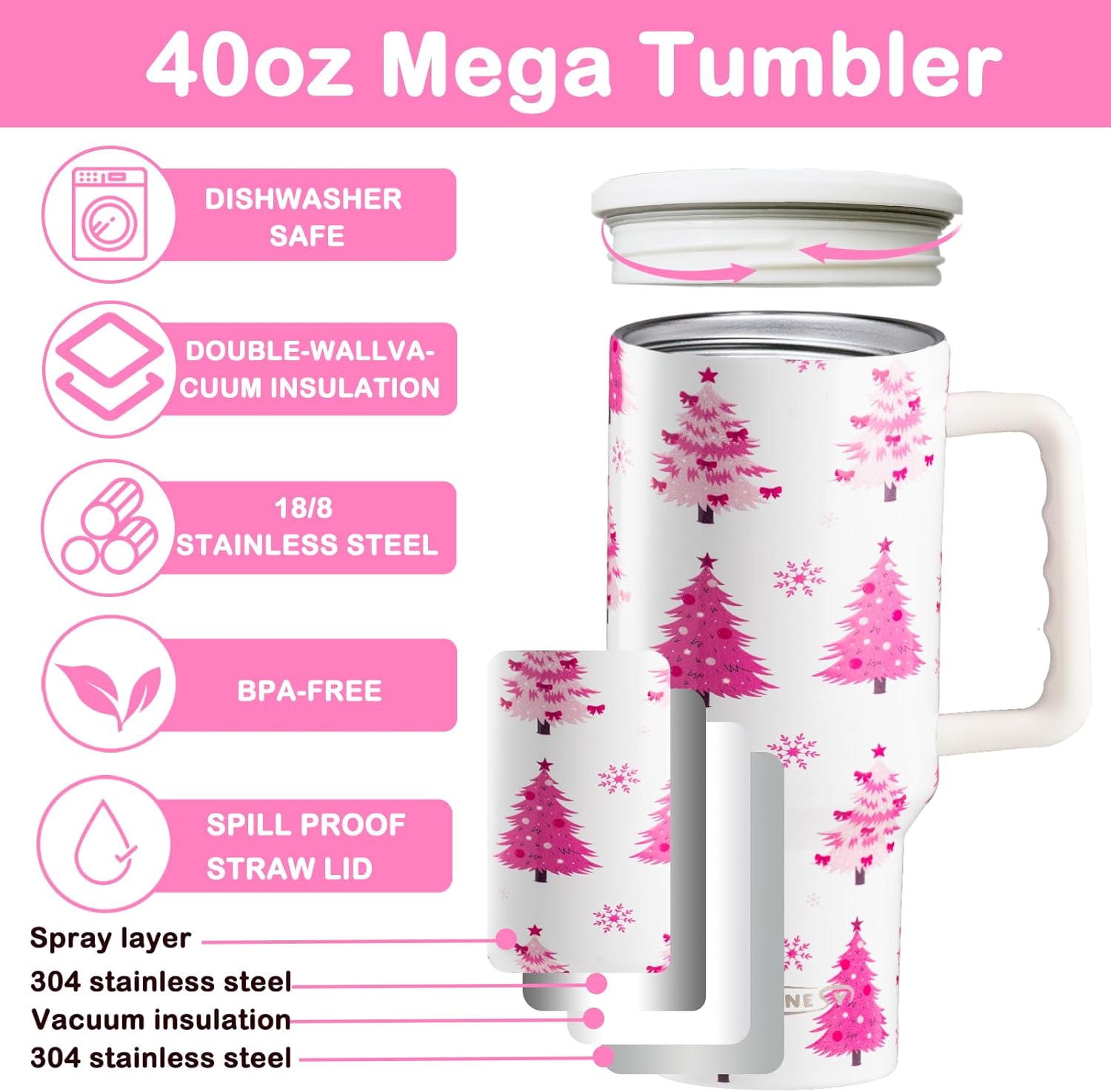 Christmas Tree 40 oz Tumbler with Handle and Straw Lid, Christmas Tree Themed Cute Gifts for Women Girls Double Insulated Cup Travel Coffee Mug - Image 4