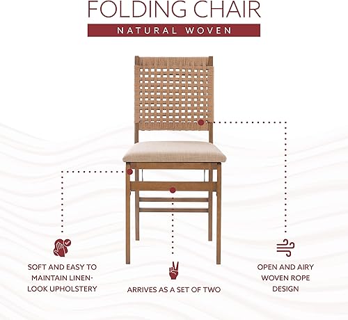 Miniatura 8 de Bennett - Juego de 2 sillas plegables naturales con respaldo de cuerda tejida y asiento tapizado de lino Linon