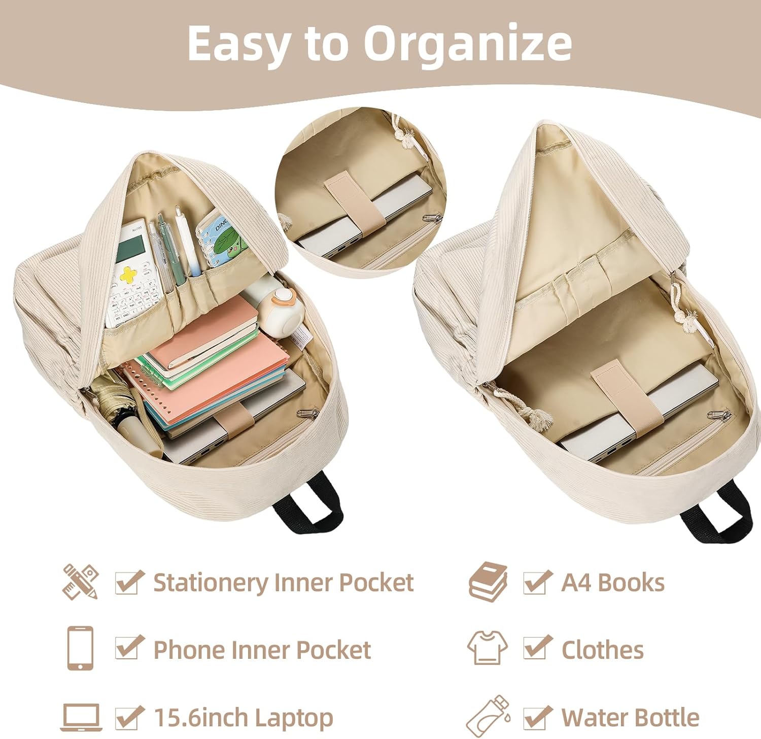 School Backpack for Teens Girls, Corduroy Bookbag with 6X Cute Pin Accessories, Lightweight High School College Laptop Bags for Women Travel Daypacks (Beige) image 4 of 9 B0F4CP1GD9