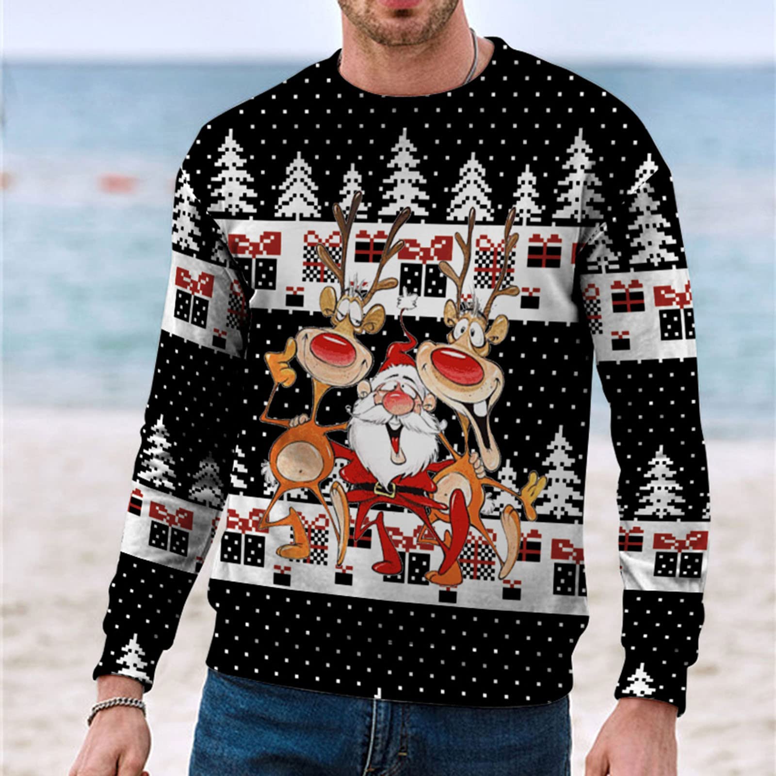Jersey de Navidad para hombre divertido 3D suéter de Navidad manga larga cuello redondo suéter navideño divertido Papá Noel reno patrón feo sudadera de Navidad sin capucha sudaderas de Navidad para