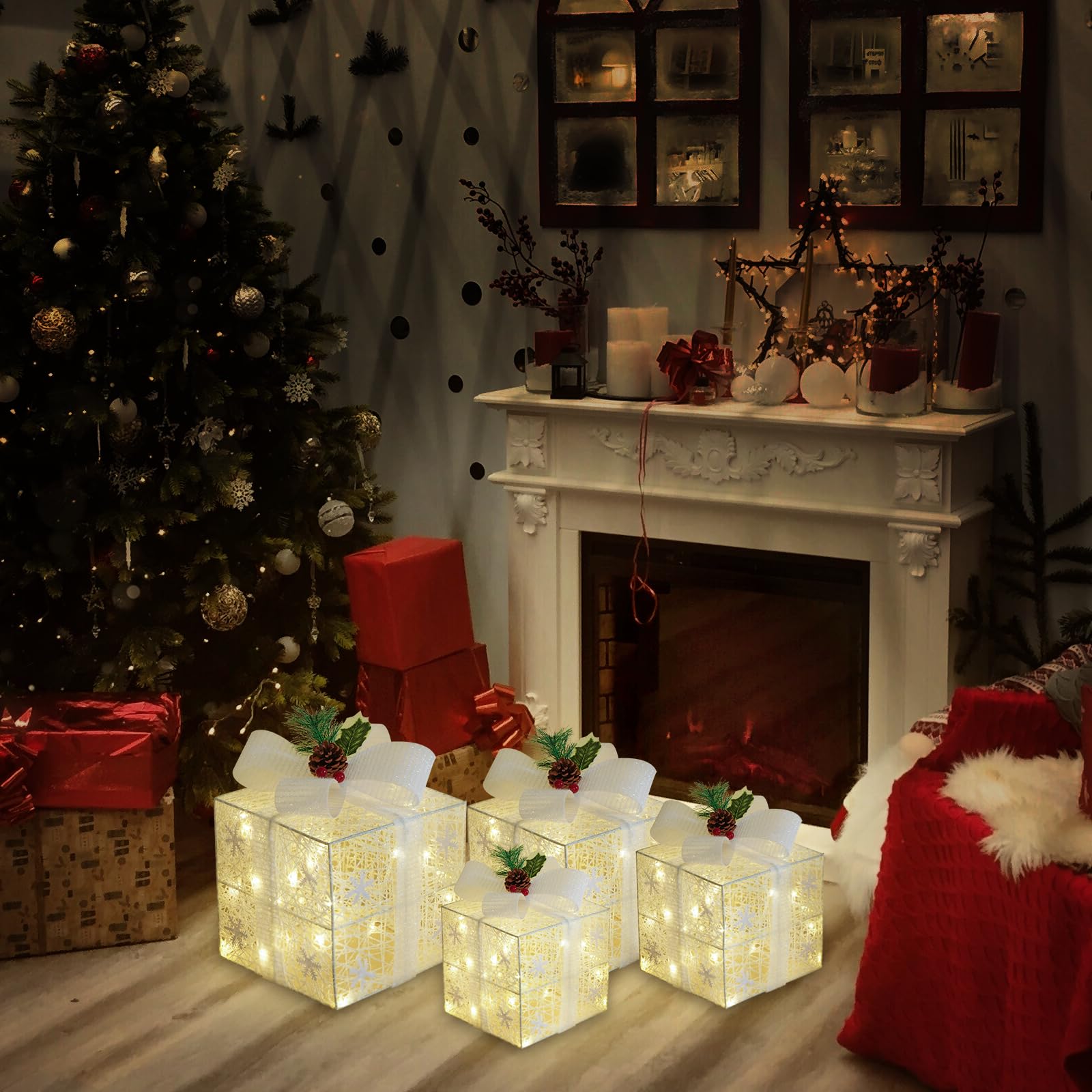 COVFEVER Set of 4 Christmas Lighted Gift Boxes, Pre-lit Light up Present Set with Different Sizes for Holiday Indoor Outdoor Decorations - Battery Operated (Pink): Snowflake