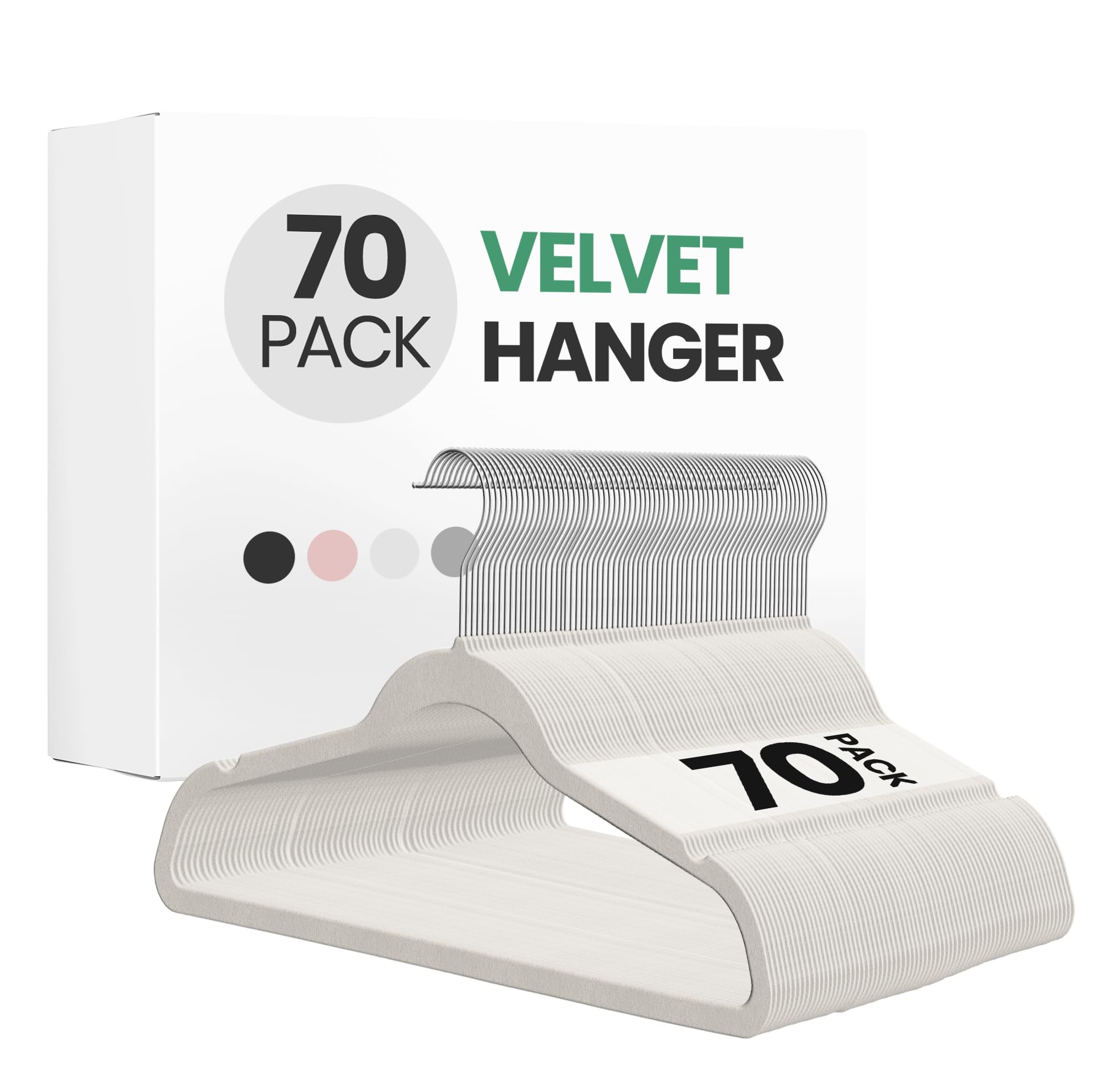 InfiniPower 70 Pack Velvet Hangers, Heavy Duty Clothes Hangers for Coat, Pants & Dress, Non-Slip Hanger Set with Shoulder Notches, 360° Swivel Hook, Space Saving Felt Hangers, White