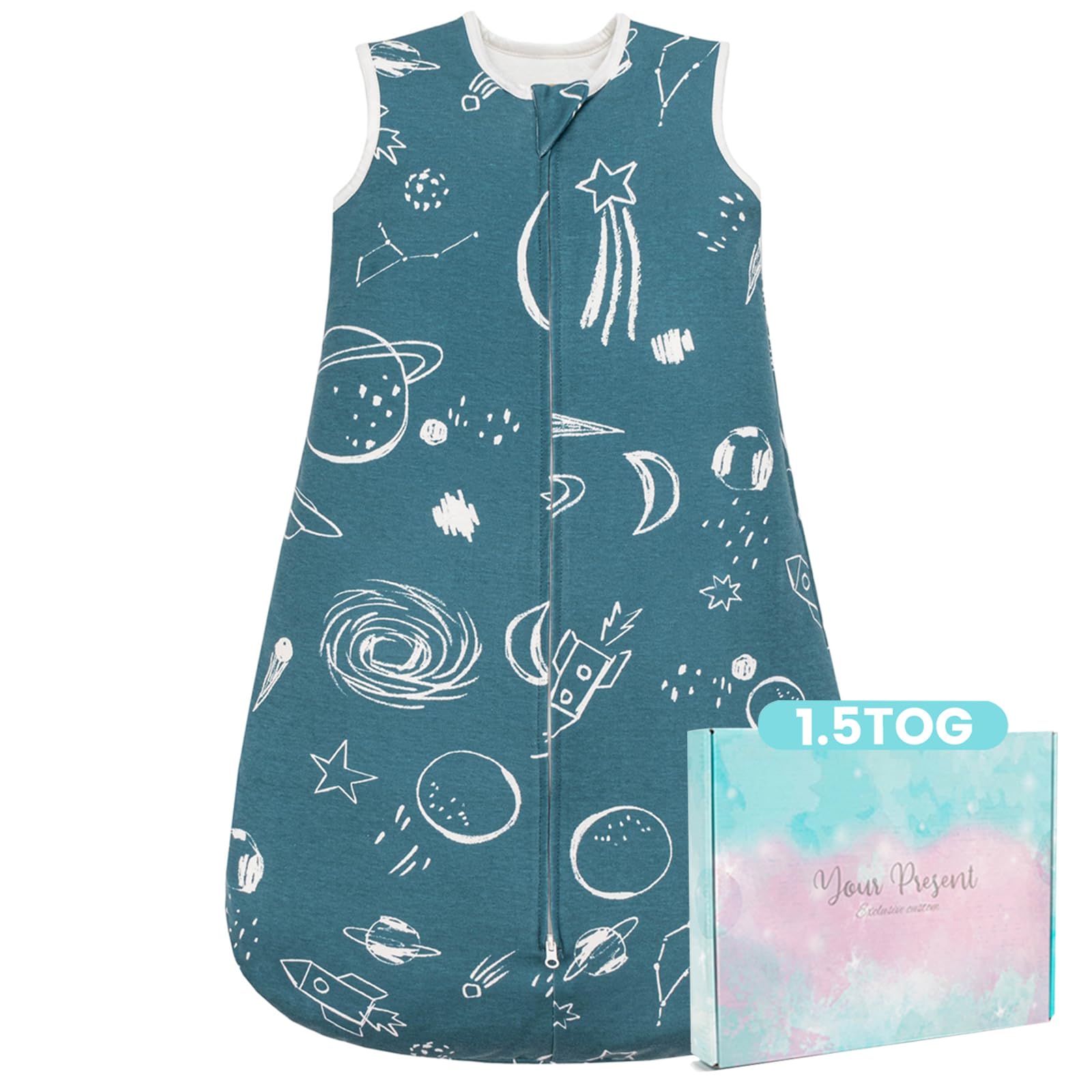 TURMIN Baby Sleeping Bag, 1.5 TOG Sleeping Sack 100% Cotton Baby Sleep Bag Toddler Wearable Blanket with 2-Way Zipper for All Seasons, Blue Planet, M(6-12 Months)