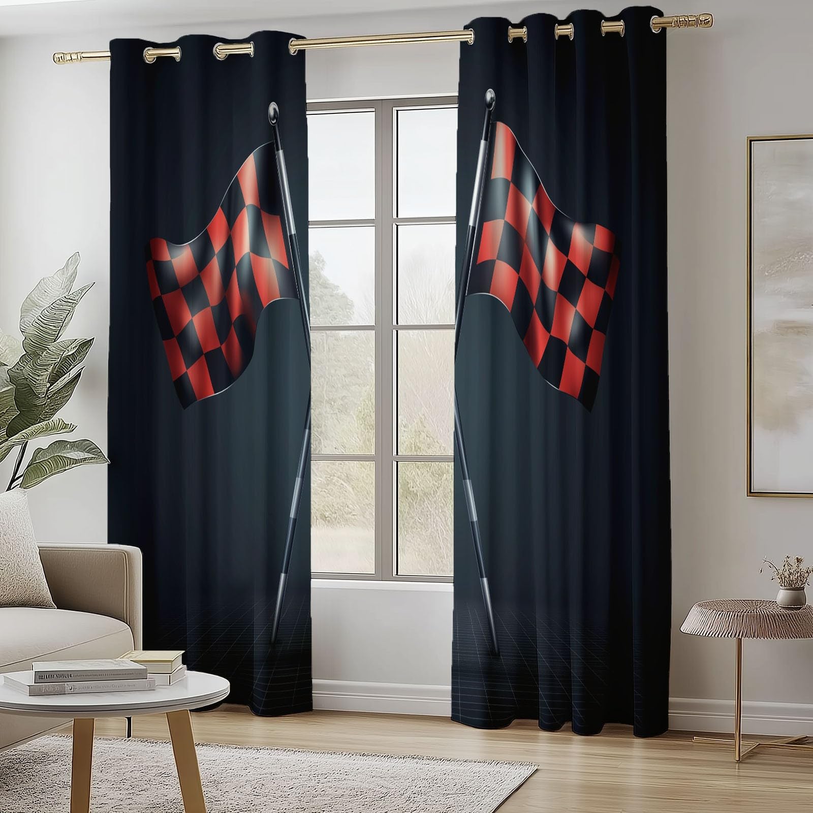 Blackout Curtains Bedroom Simple Style Racing Checkered Flag Pattern, Geo-Thermal Insulated Energy Efficiency Window Treatment Sets Grommet Drapes for Kids Room 52